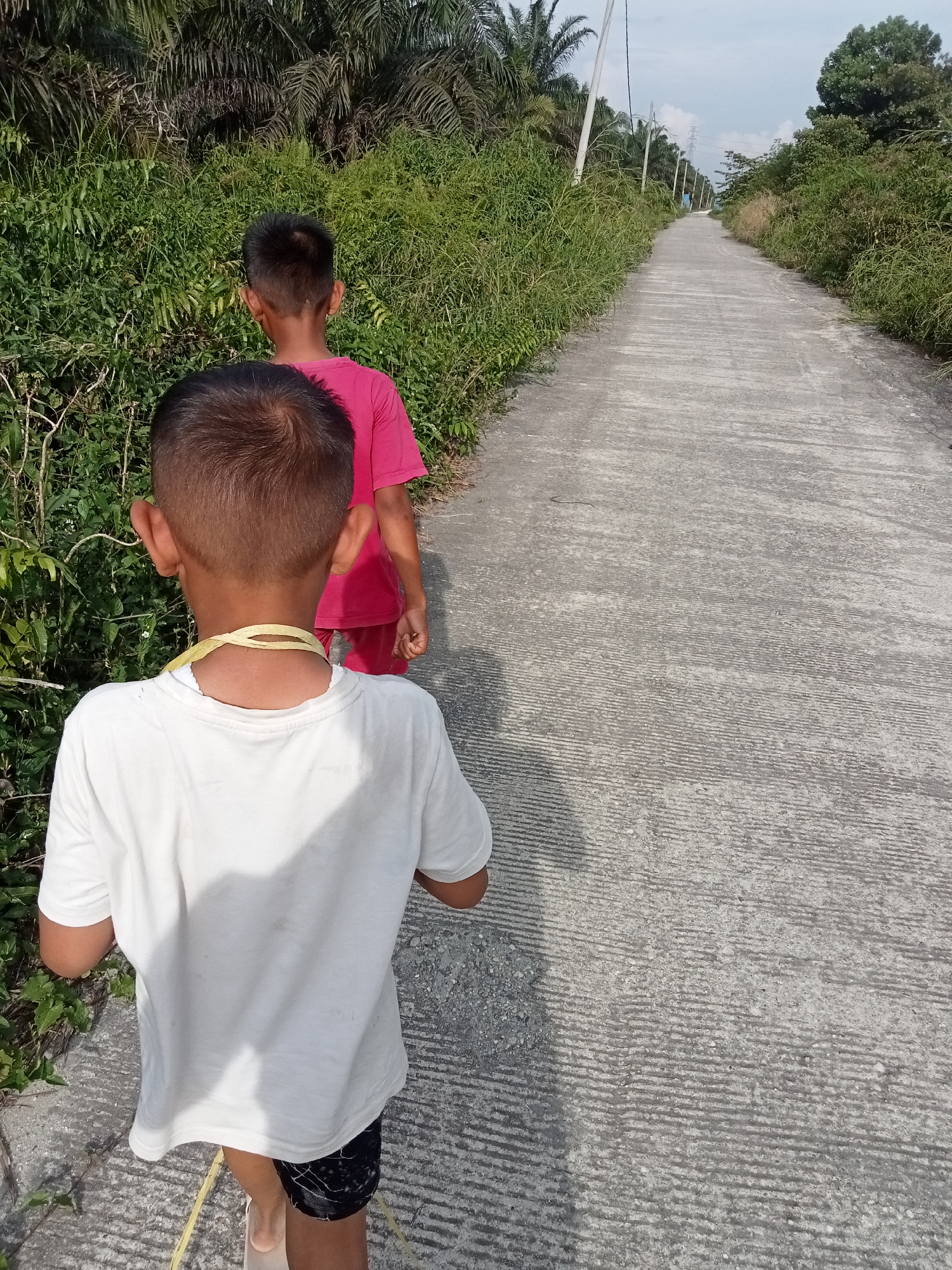 Two young boys are walking away from the camera on a concrete road flanked by dense green vegetation. The boy in the foreground is wearing a white t-shirt and black shorts with a pattern. The boy behind him is wearing a pink t-shirt and red shorts. The road appears to be a rural path, possibly in Teluk Kenidai, Indonesia, given the presence of palm trees in the background. The sky is partly cloudy.