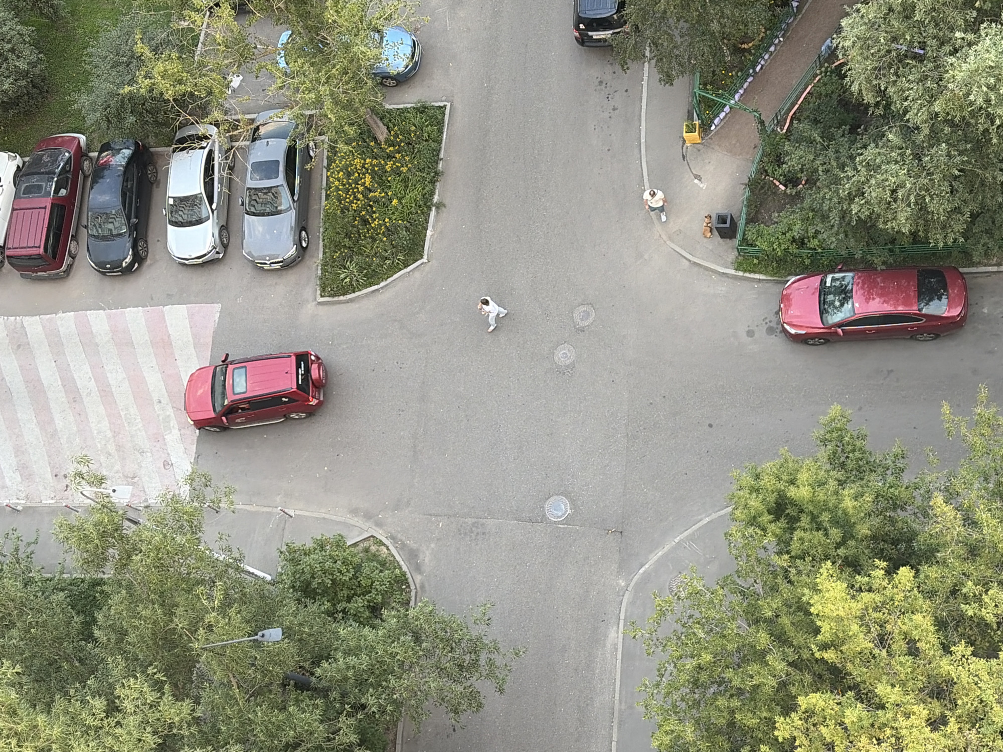 The image is an aerial view of a residential courtyard in Moscow, Russia, featuring a paved road intersection surrounded by trees and buildings. Several cars are parked along the road and on the side. There are two individuals visible on the pavement. One is a person in a white top walking. Another person is standing with their back to the camera, also on the pavement. A red car is parked on the left side of the road, and other cars, including a blue one and a black SUV, are parked further down the street. A small patch of greenery with yellow flowers is situated at the corner of the intersection. The scene appears to be an ordinary day in a typical urban environment.