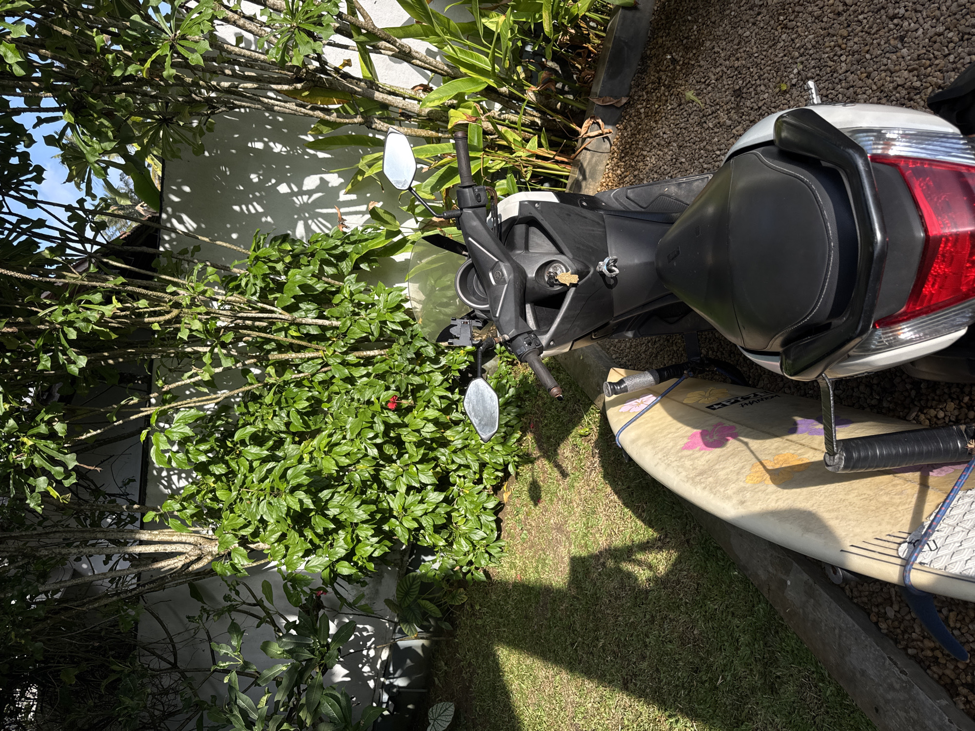 This image, taken in Goviyapana, Sri Lanka, depicts a sun-drenched courtyard scene. A black and white scooter is parked, its handlebars and front section prominently featured. A surfboard, leaning against a wooden beam, lies to the left of the scooter. The courtyard is surrounded by lush green foliage and trees, with shadows cast by the sunlight dappling the grass and the white wall in the background. The ground is covered in small, dark pebbles. The image is taken from a slightly elevated angle, looking down towards the scooter and surfboard.