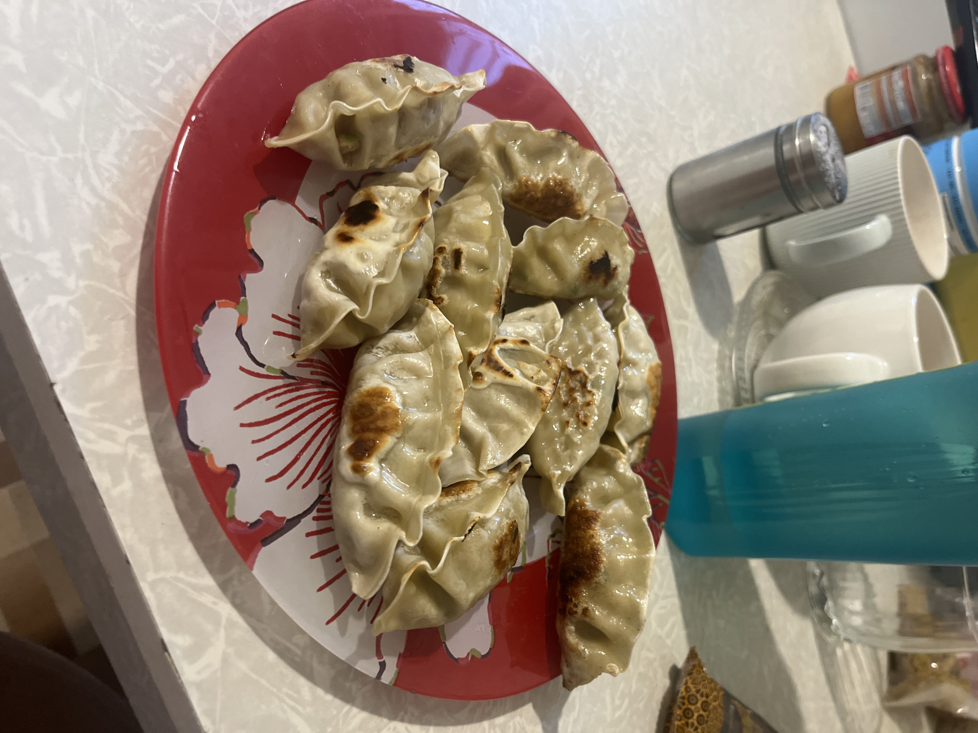 A plate of pan-fried dumplings is arranged on a red and white floral plate, which sits on a light-colored countertop. The dumplings are golden brown with some darker, crispy edges. In the background, there are several mugs, a salt shaker, and a blue plastic cup filled with a beverage. The scene appears to be in a kitchen.