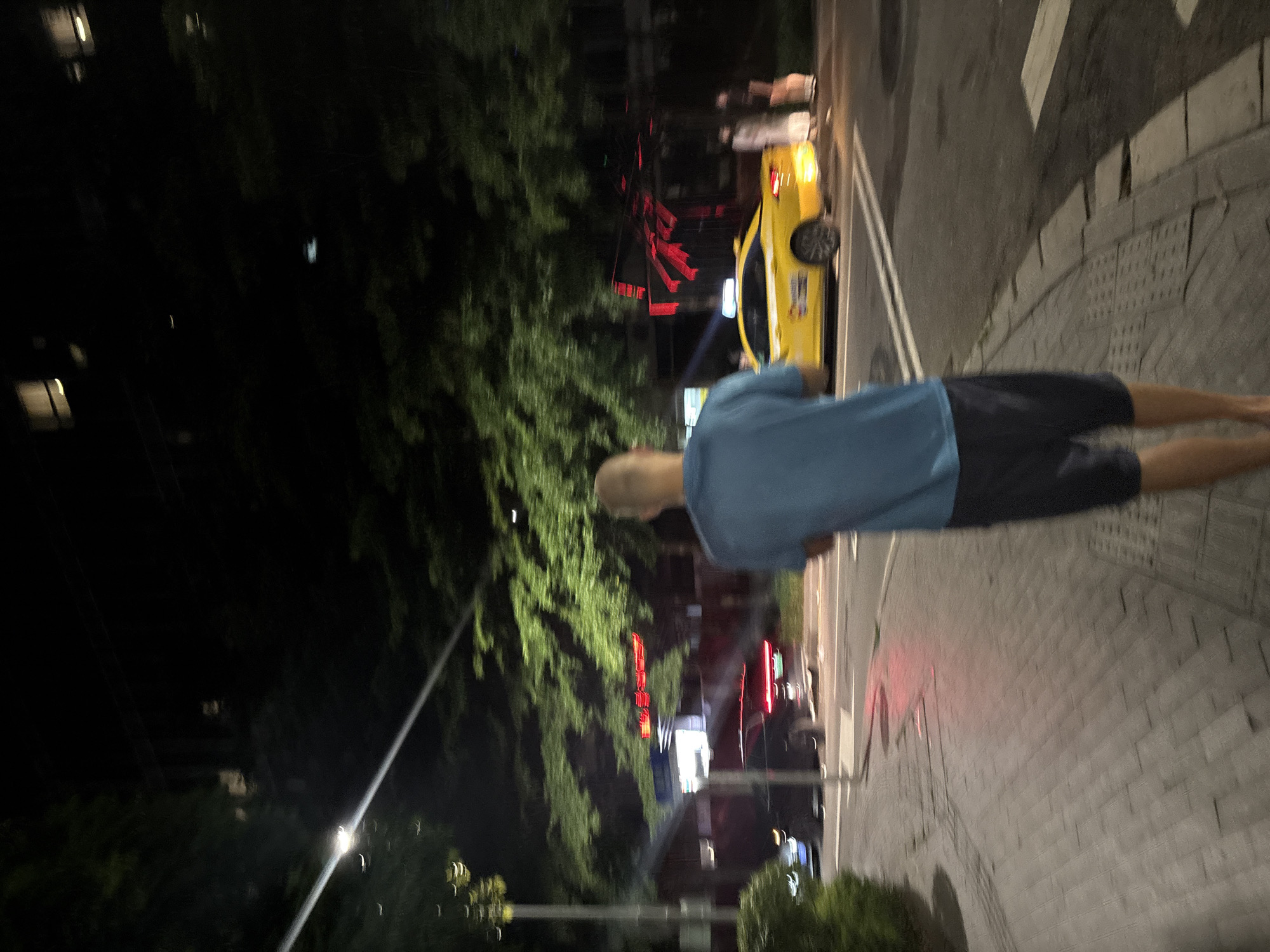 This is a nighttime, outdoor, street-level shot in Haizhu District, China. The image is oriented vertically and appears slightly blurry due to motion.
In the foreground, a person is seen from behind, wearing a blue t-shirt and dark shorts. They are standing on a sidewalk paved with stone tiles. The sidewalk runs alongside a street.
Further down the street, a yellow taxi is visible. The taxi has some red signage or lights behind it, and a white sticker with writing on its side. Beyond the taxi, more red lights and signs are visible, suggesting a commercial area. Trees with green foliage line the side of the street, some illuminated by artificial light, creating a dappled effect.
The time of day is clearly night, with artificial lights illuminating the scene. The weather appears to be clear, given the visibility of the lights. The setting is urban, with buildings or structures hinted at in the background, but mostly obscured by darkness and foliage. The overall mood is casual and urban, with the focus on the street and a few key elements within it.