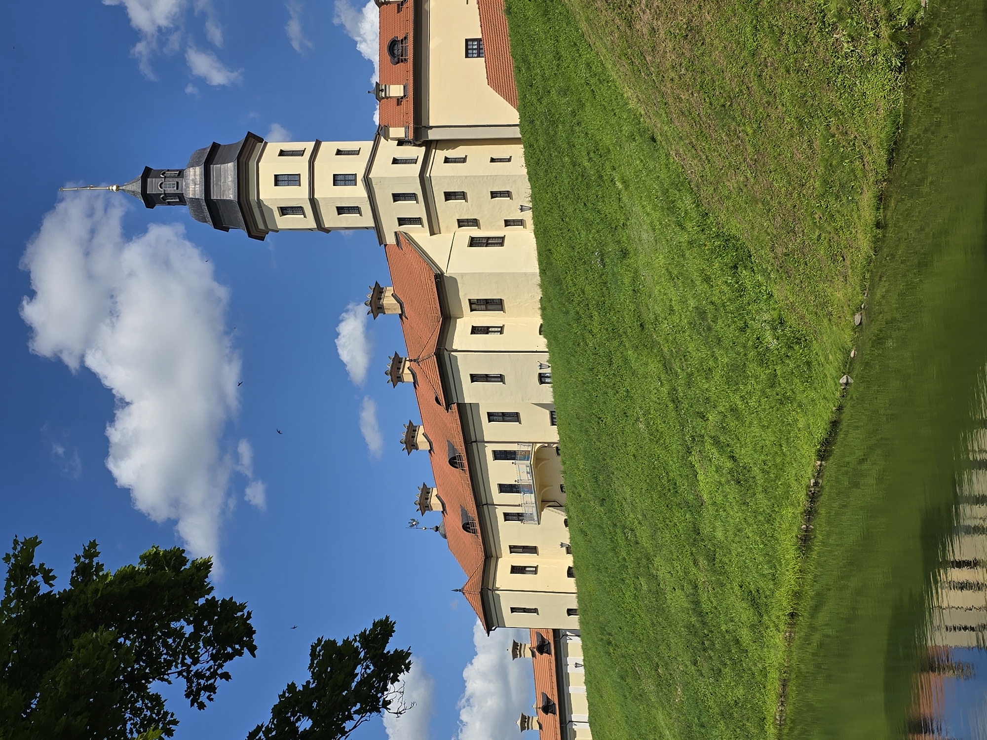 The image depicts the Nesvizh Castle, a UNESCO World Heritage site located in Nesvizh, Belarus. The castle, a large, pale yellow structure with a prominent tower topped by a dark spire, sits atop a grassy hill. The roofs of the castle are a contrasting terracotta color, and several dormer windows are visible on the mansard roofs. A bright blue sky with scattered white clouds forms the background. In the foreground, a body of water reflects the castle and the sky. Green foliage from a tree branch is visible in the upper left corner of the frame, partially obscuring the sky. The overall scene is one of a historical landmark on a clear, sunny day.