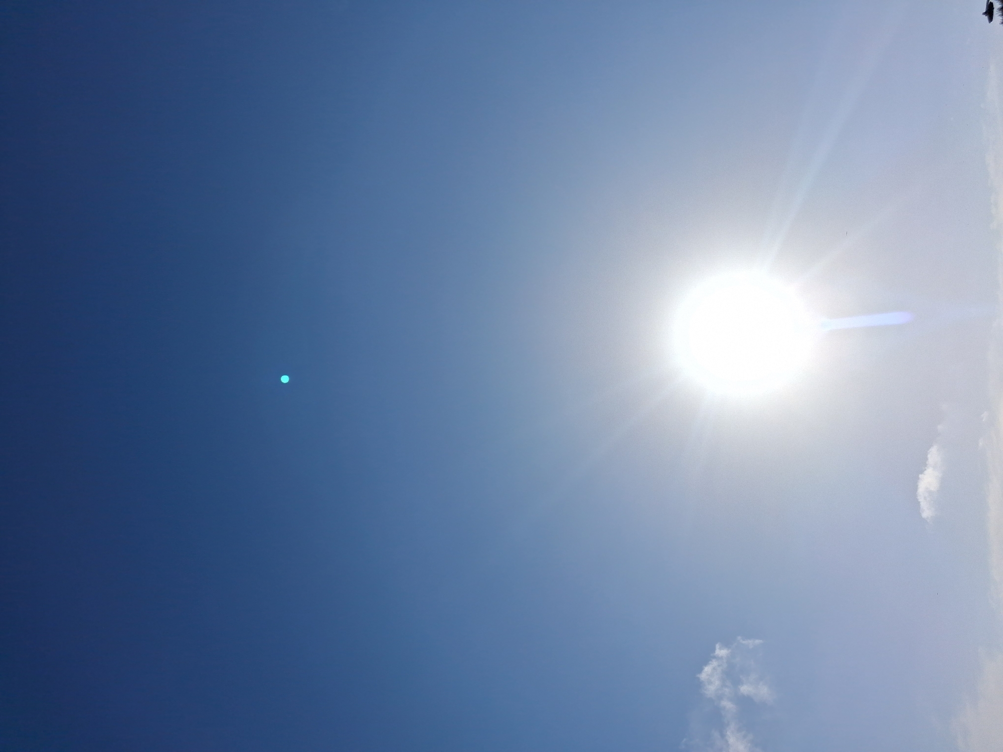 The image shows a bright, clear blue sky with the sun prominent on the right side. There are a few small, scattered white clouds near the bottom right. A faint blue dot is visible in the upper left portion of the image. A bird flies in the upper right. I do not have information to determine if it is in Figueira da Foz, Portugal.