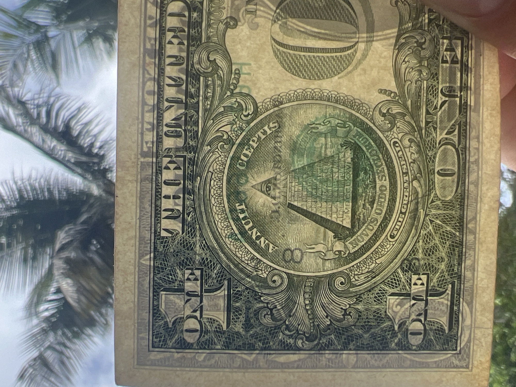 A close-up, vertical, eye-level shot shows the reverse side of a U.S. one-dollar bill. The bill is held by a person's hand, partially visible at the bottom right and left corners. The bill features the Great Seal of the United States, which includes a pyramid with an eye at its apex, encircled by the Latin phrases "ANNUIT COEPTIS" and "NOVUS ORDO SECTORUM". The number "1" is prominently displayed on the left side of the bill, and the word "ONE" is printed below it. In the upper portion of the image, blurred out palm fronds and sky are visible, suggesting an outdoor setting. The provided location information about Alawathupitiya, Sri Lanka is not discernible from the image itself.