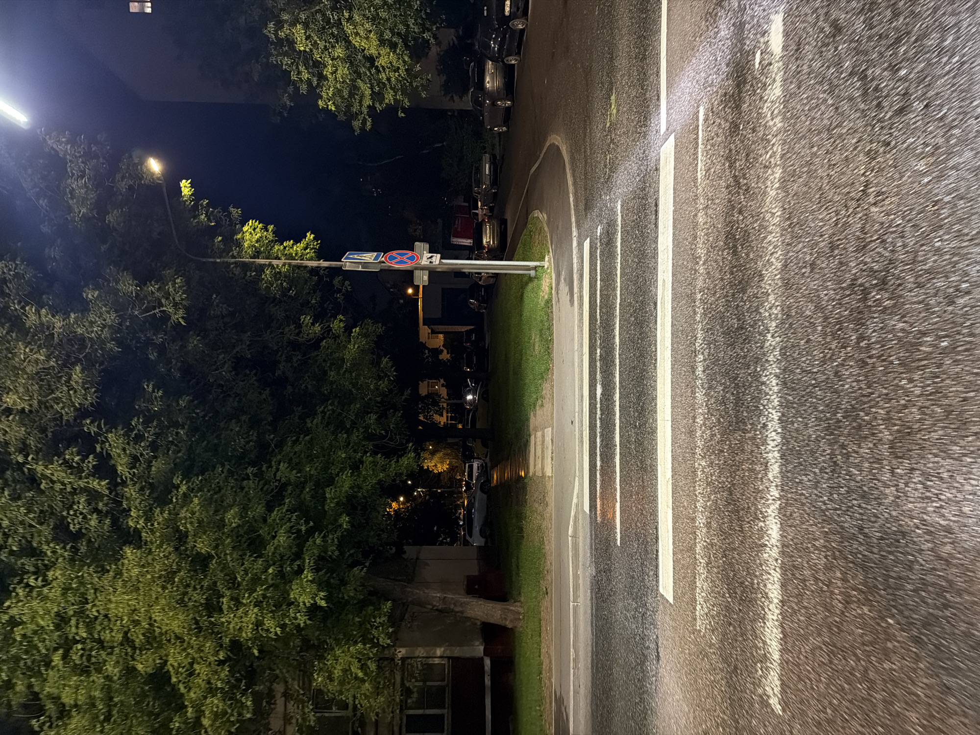 The image shows a street scene at night in Moscow, Russia. The perspective is ground-level, possibly from a pedestrian's point of view. A crosswalk with thick white stripes spans the road. The asphalt is dark and appears wet, reflecting light. To the left, a tree line obscures buildings, with streetlights illuminating the foliage. A street sign is visible among the trees, showing prohibited parking. Parked cars line the right side of the road, adding to the urban landscape. The sky is dark, suggesting a late hour. The overall atmosphere is quiet and dimly lit.