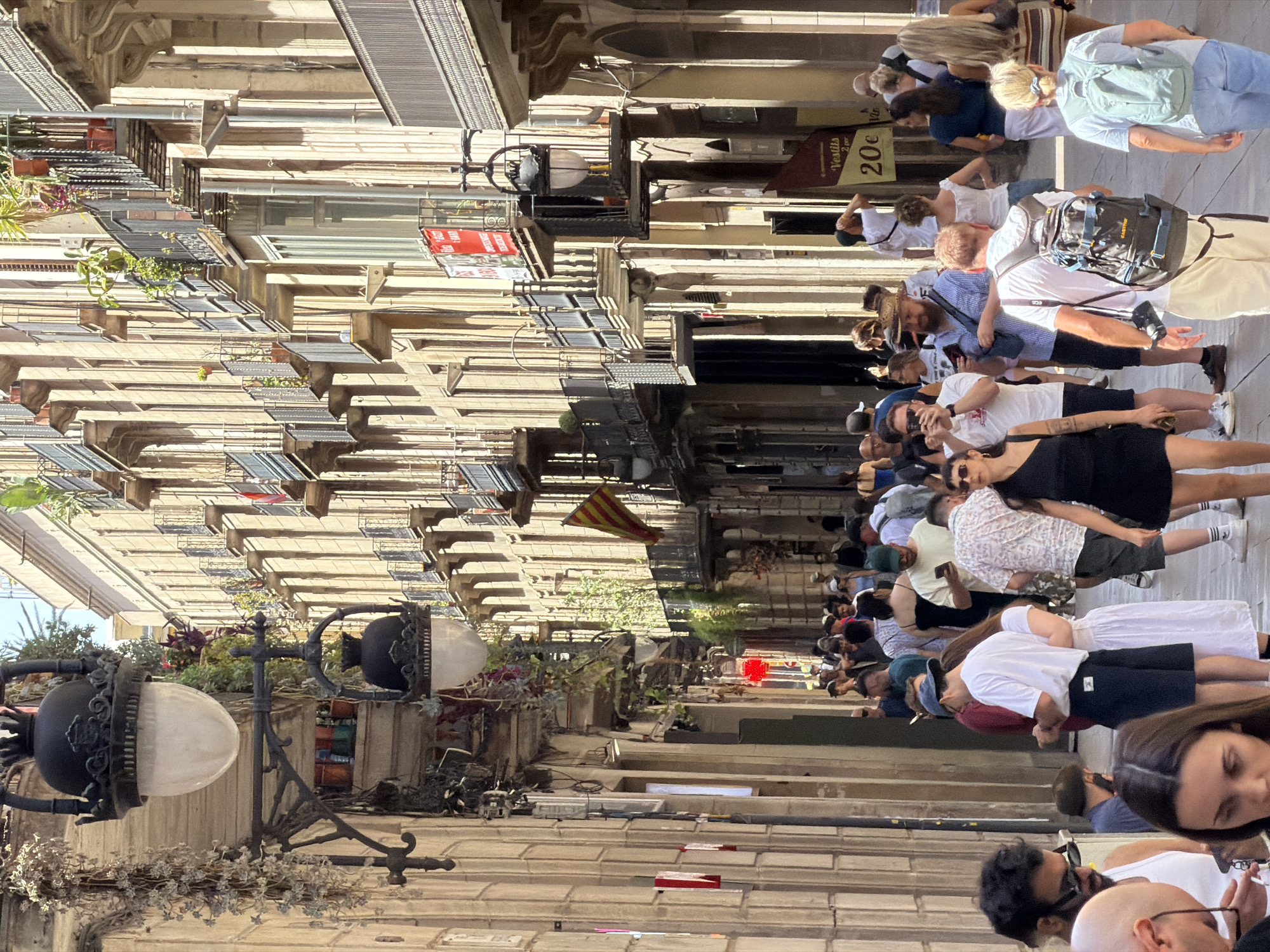 The image depicts a bustling narrow street in Barcelona, Spain, likely in the Gothic Quarter or El Born, known for its historic architecture and pedestrian-friendly lanes. Tall, multi-story buildings line both sides of the street, characterized by their beige stone facades and numerous balconies with wrought-iron railings. The architecture suggests a European urban setting, with elements like external light fixtures and visible plumbing.
A diverse crowd of people is walking in both directions, creating a sense of lively activity. They are dressed in casual summer attire, with many carrying backpacks, cameras, and shopping bags. Some individuals are engaged with their mobile phones, while others are interacting with each other. A Catalan flag is visible on a balcony, indicating the location's regional identity.
Details of urban infrastructure are present, including street lamps, signage, and building entrances. One sign displays "Vestits 20c", possibly indicating a clothing store with a sale. The sunlight casts strong shadows, highlighting the texture of the stone buildings and creating a sense of depth. The overall atmosphere is that of a popular tourist destination on a sunny day, with a blend of locals and visitors navigating the charming, historic streetscape.