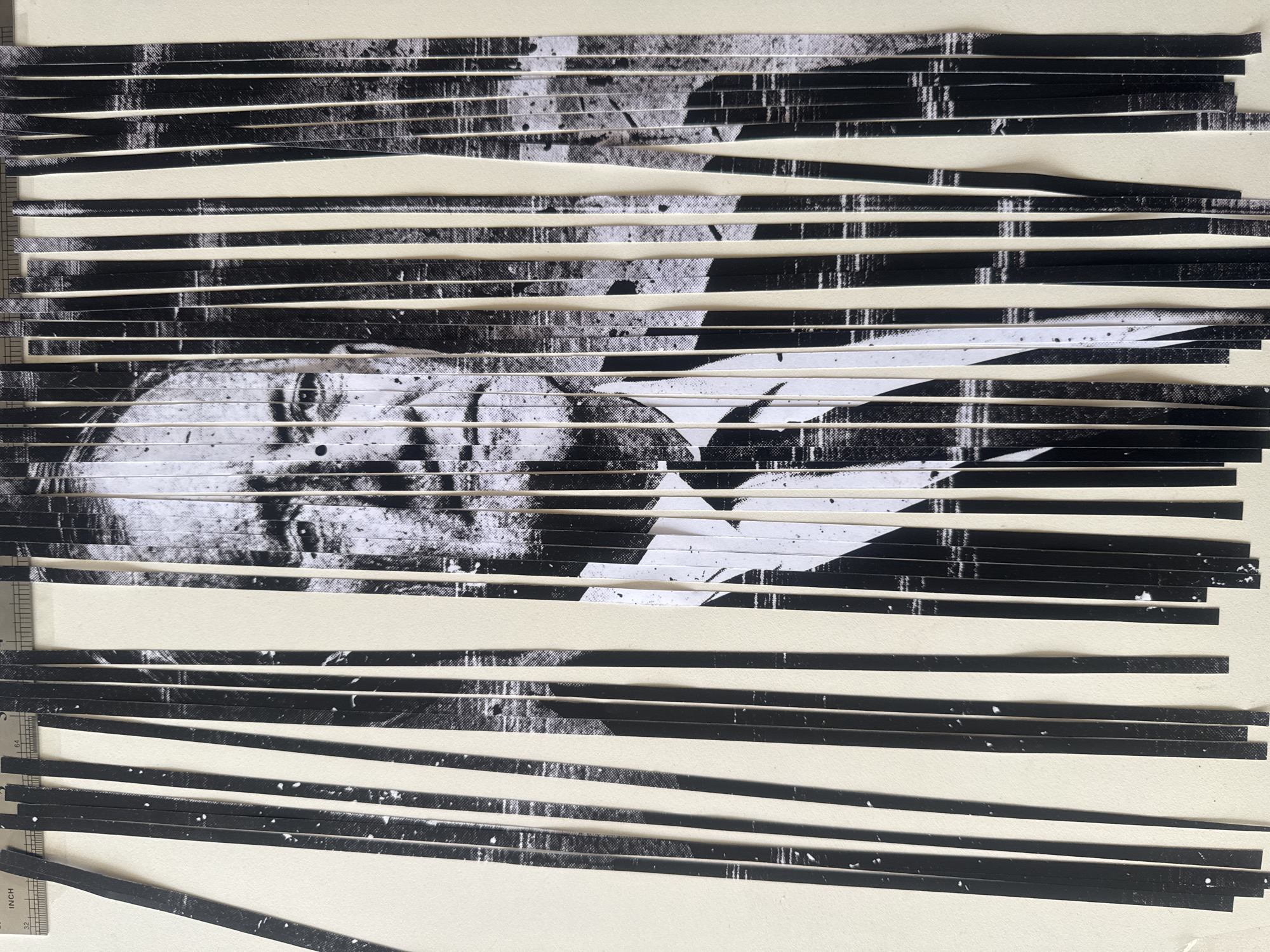 A black and white image of a face, printed and then sliced into horizontal strips, is laid on a plain background. The strips are spaced apart, revealing the background color between each strip. A ruler is visible on the left edge of the image. There is no indication of the city of Tel-Aviv or Israel in the image.