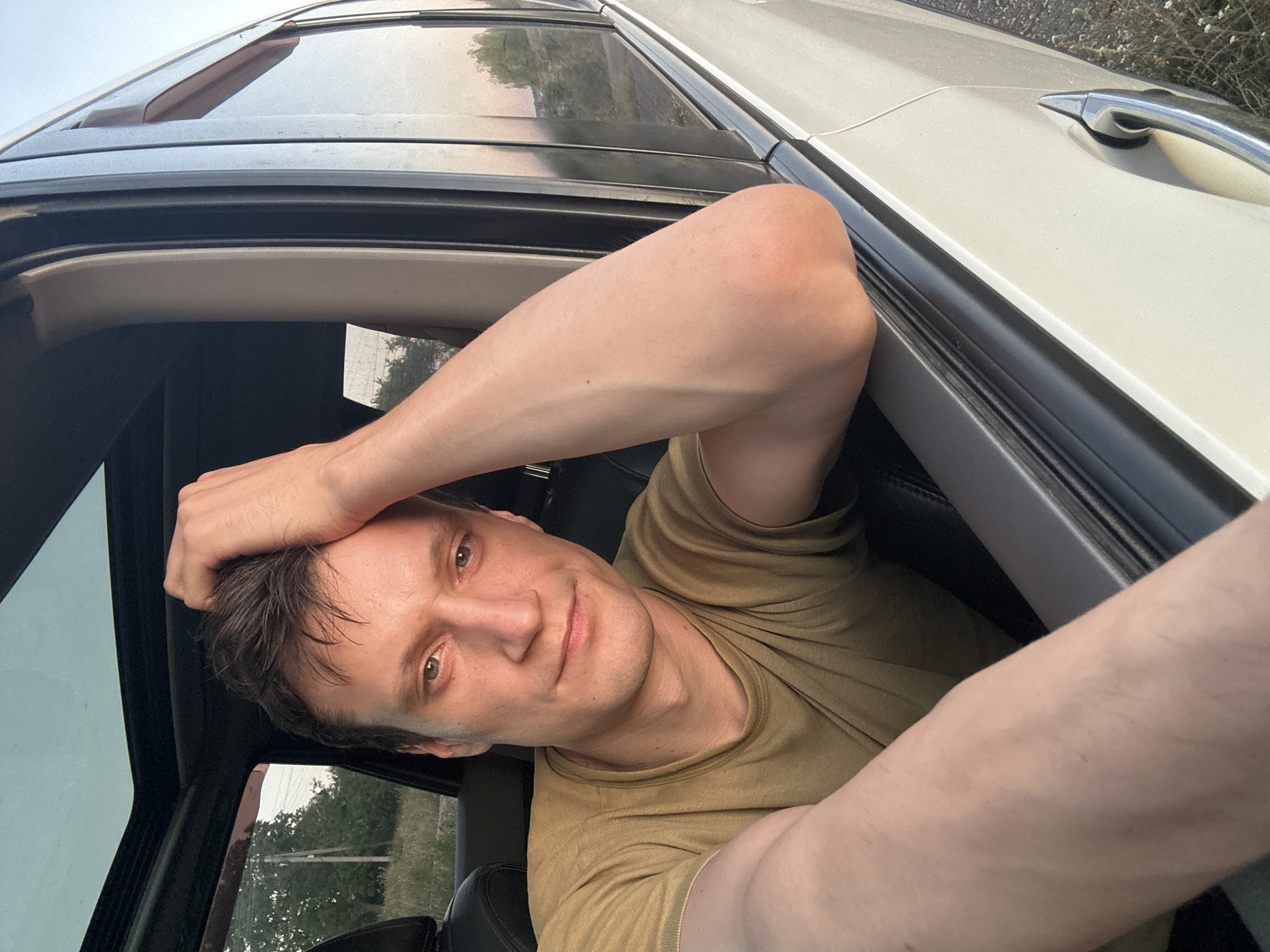A man with light skin, brown hair, and blue eyes is sitting in a car with his right arm resting on the open car window, and his left hand touching his head. He is wearing a tan t-shirt. The car is light-colored. The background shows vegetation and a clear sky, suggesting an outdoor setting. The image is taken from a low angle, looking up at the man.