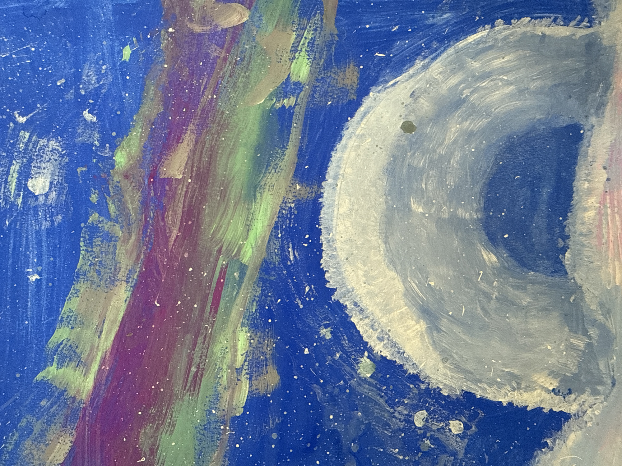 This is a close-up abstract painting with a blue background that appears to represent a night sky. Streaks of purple and green paint are visible, possibly depicting the aurora borealis. White specks are scattered across the canvas, suggesting stars. In the foreground, a large, semi-circular shape painted in shades of white and gray dominates the lower portion of the image, with some pinkish hues at the very bottom. The painting style is impressionistic, with visible brushstrokes. There are no identifiable landmarks, people, or objects that would suggest a specific location in Almaty, Kazakhstan.
