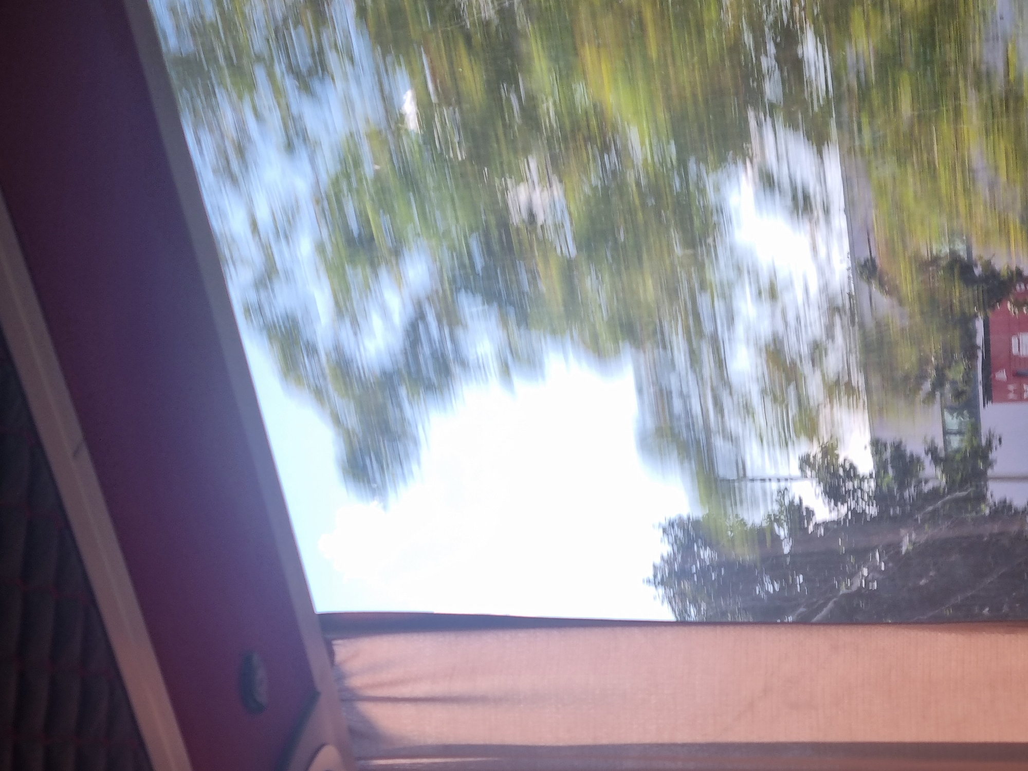 The image shows a view from inside a vehicle, looking out of a window at a blurred landscape. A light-colored curtain is visible on the left side of the frame, partially obscuring the view. The exterior scene is a motion blur of trees and sky, suggesting the vehicle is in motion. There are no discernible people or specific landmarks that would allow for identification of a precise location within Kisvárda, Hungary. The overall impression is one of travel and passing scenery.