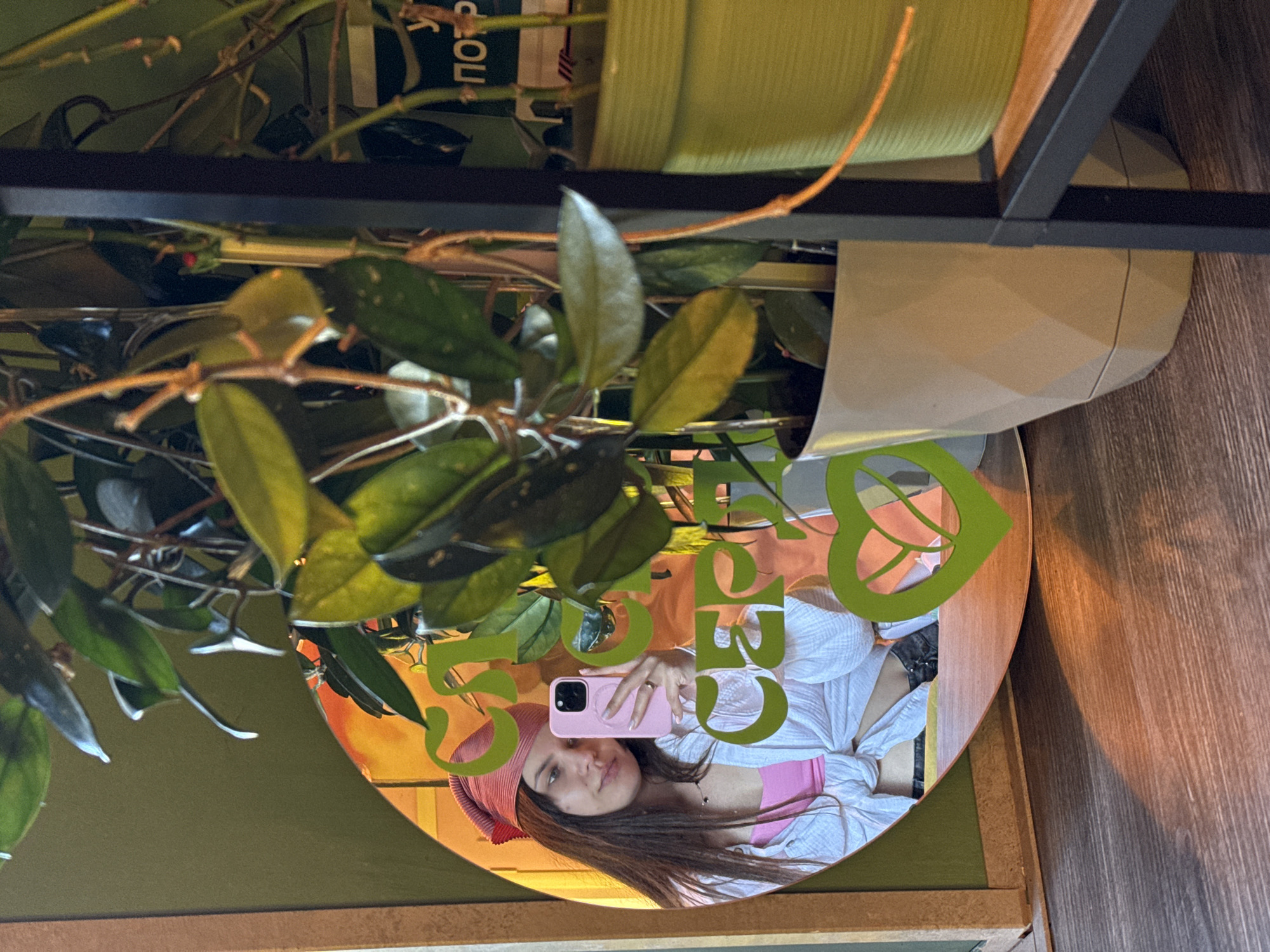 A young woman with long dark hair, wearing a pink bandana, a pink top, and a white open shirt, is taking a selfie in a mirror. She is holding a pink phone in her right hand. The mirror is oval and reflects the woman and an orange-yellow background. There are green decorative elements on the mirror, including text and a heart shape. In the foreground, there are lush green plants in pots. One pot is beige with a geometric design, and another is light green. A black metal shelf is visible on the right side of the image, holding another plant. The background wall is a muted green. The floor is made of dark wood planks. The lighting suggests an indoor environment, possibly a cafe or a home.
