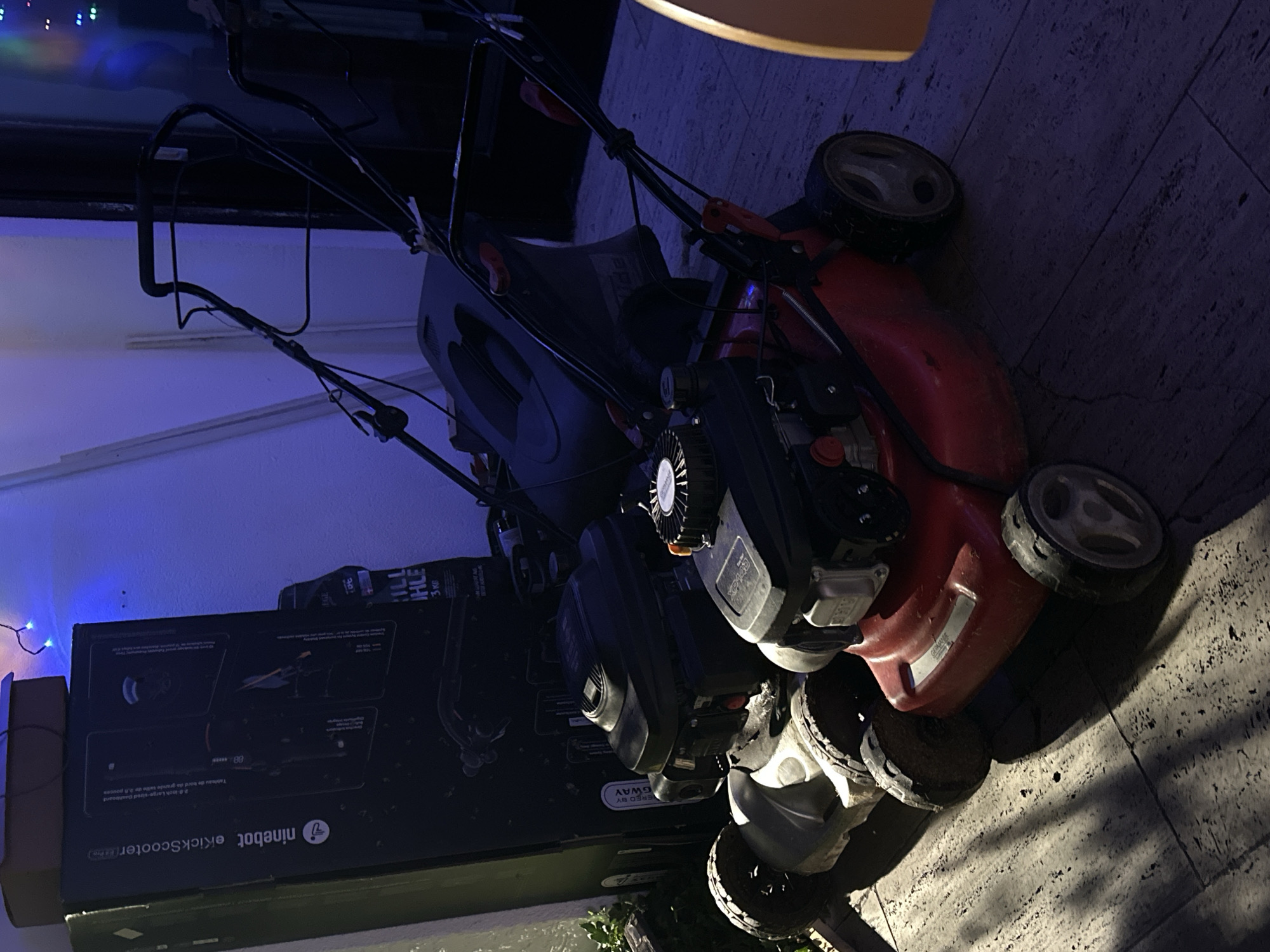 The image shows two lawnmowers on a patio. The lawnmowers are red and black. One lawnmower is in the foreground and the other is in the background. There is a large black box behind the lawnmowers. The background is a wall with blue lights. There are also some plants on the left side of the image. The scene appears to be outdoors in a residential area, possibly a backyard or patio. The lighting suggests it is nighttime or a dimly lit indoor space.