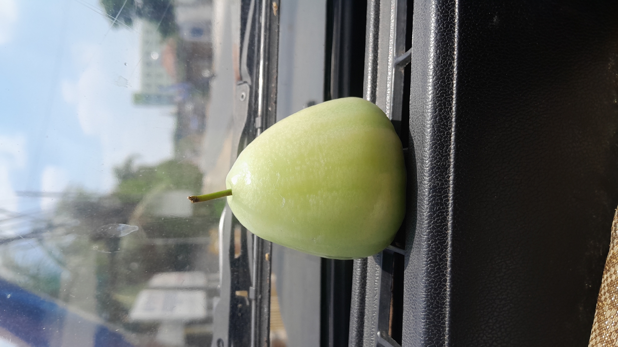 A light green, unripe rose apple sits on the dashboard of a vehicle, parked on a road in Bangkle, Indonesia. The fruit is positioned centrally, with its stem pointing upwards and slightly to the left. The dashboard is black and textured, with a gridded section where the fruit rests. The windshield is visible in the background, showing a blurry view of a street, buildings, and trees under a bright, partly cloudy sky. The overall scene suggests a moment of pause during a drive, with the fruit serving as a focal point against the backdrop of an Indonesian urban environment.