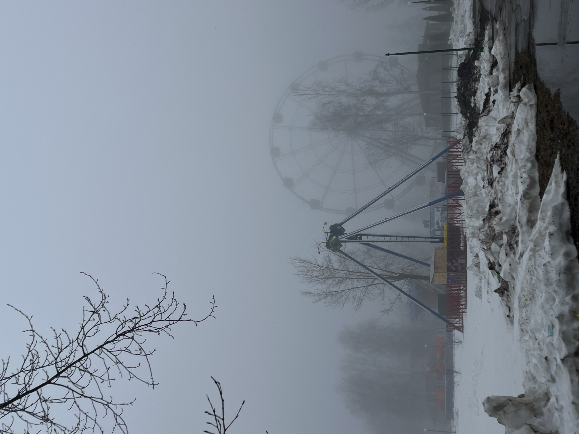 The photograph, taken in Neftekamsk, Russia, presents a muted scene due to heavy fog. In the background, a Ferris wheel is barely visible through the mist. In the midground, an amusement park ride is observable, its blue support beams contrasting slightly against the grey atmosphere. The foreground is marked by a bare tree with thin branches on the left, and a patch of snow and dirt on the right, indicating a cold or winter season. The overall impression is one of a desolate, closed amusement park on a foggy day.