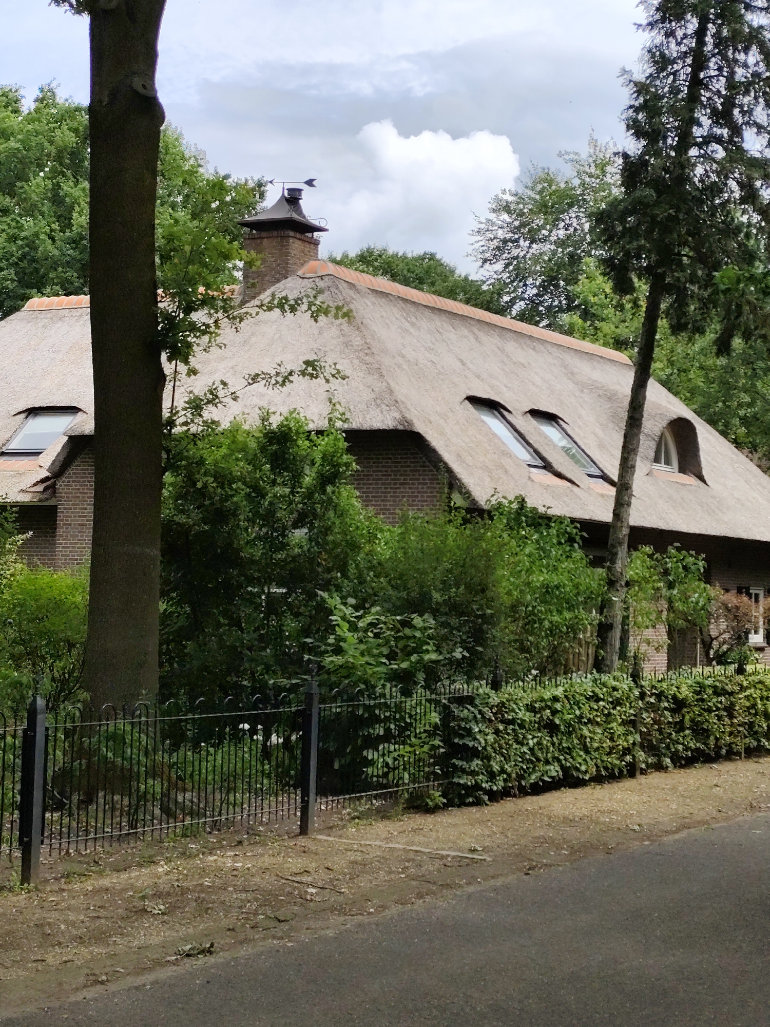 A quaint, brick house with a thatched roof and dormer windows is situated in Schaijk, Netherlands. The house is partially obscured by lush green foliage and mature trees, with a dark metal fence running along the property line. The roof is steep and covered with straw, featuring a classic chimney with a weather vane. The surrounding area is verdant and peaceful, suggesting a rural or suburban setting. The sky above is partly cloudy, with a mix of sunlight and overcast conditions.