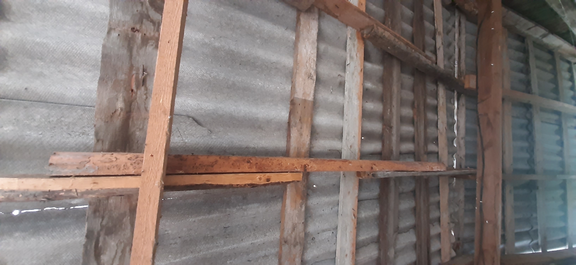 The image depicts the interior of an unfinished structure, likely a shed or outbuilding, with a rough, rustic aesthetic. The walls are covered with corrugated sheeting, likely asbestos cement, which appears weathered and gray. Wooden beams and planks form a rudimentary framework, supporting the sheeting and creating shelves. These wooden elements are unpainted and show signs of age and wear, with rough textures and visible grain.
The scene is illuminated by natural light, suggesting it is daytime. The light appears to be coming from the right side of the frame, creating shadows that highlight the corrugated texture of the walls and the uneven surfaces of the wood. There are no people visible in the image, and no specific activity is taking place. The focus is on the construction materials and their arrangement, conveying a sense of utilitarian construction rather than a finished living space.
Notable details include the visible nails holding the wooden supports in place and the varying widths and lengths of the wooden planks, suggesting they may be salvaged or repurposed materials. The overall impression is one of raw, unfinished construction in a rural or semi-rural setting. The location context of Yessentukskaya, Russia, aligns with the rustic and potentially utilitarian nature of the structure. There is no visible text in the image.