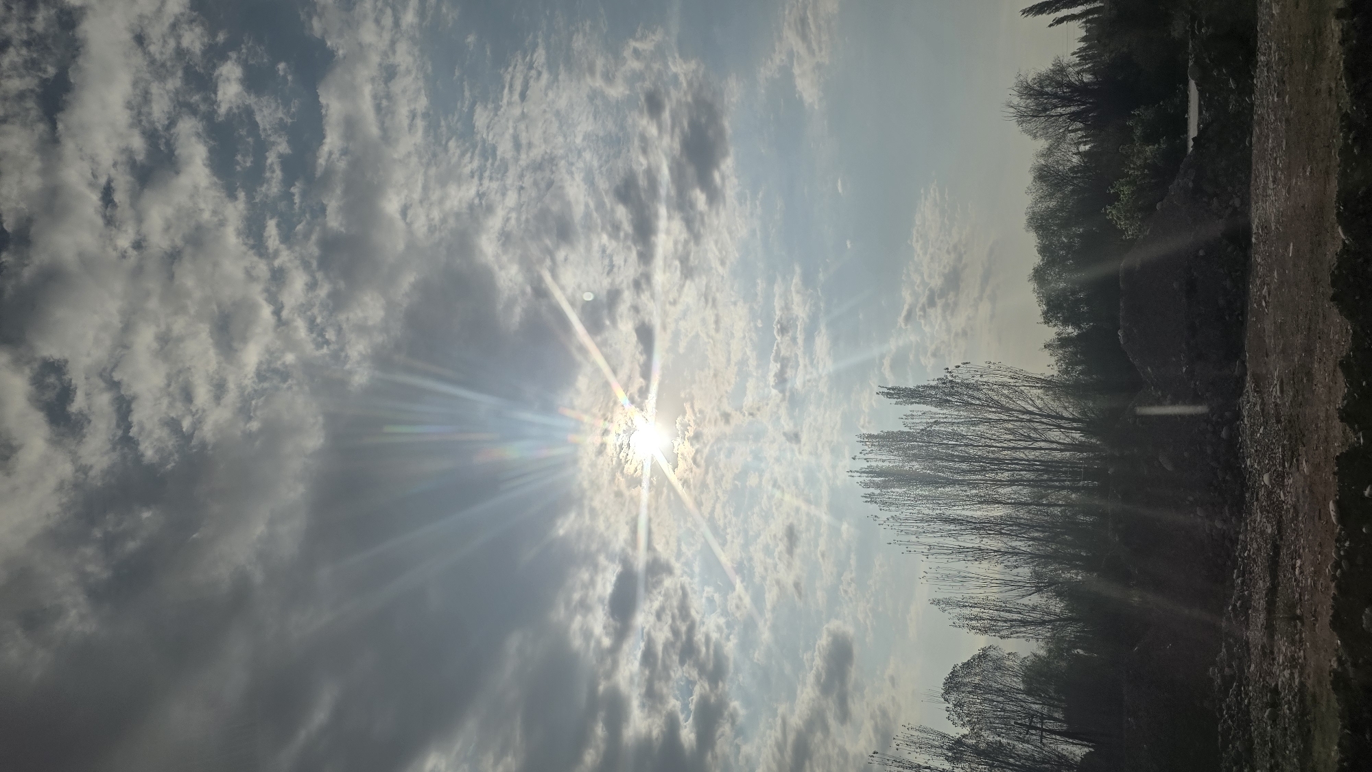 This is a medium-shot photograph taken outdoors, capturing a sky with sunbeams. The sun is visible through scattered clouds, with rays of light emanating outwards. In the foreground, there is a silhouette of trees against the sky, with what appears to be construction debris or piles of earth in front of them. The lighting suggests it is either sunrise or sunset. The scene is set in Nariman, Kyrgyzstan.