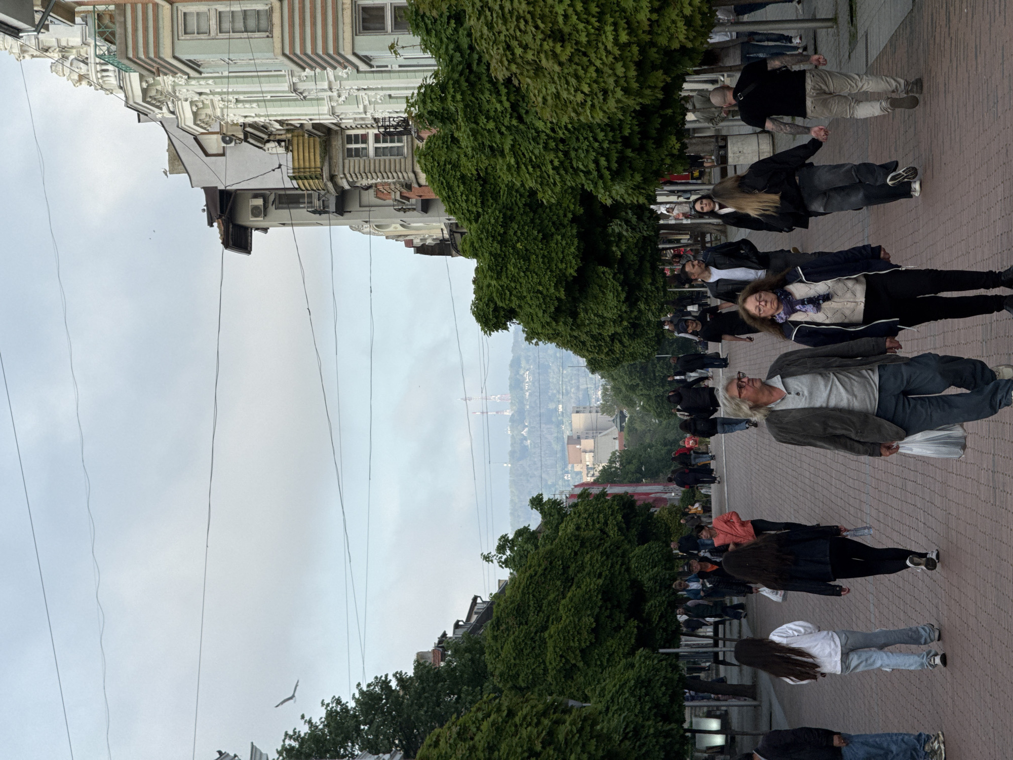 The image depicts a street scene in Varna, Bulgaria. A pedestrian zone with brick paving is populated with numerous individuals. A row of lush green trees lines one side of the pedestrian zone, adjacent to buildings with varied architectural styles. In the background, a cityscape is visible under a cloudy sky. Power lines stretch across the sky.
