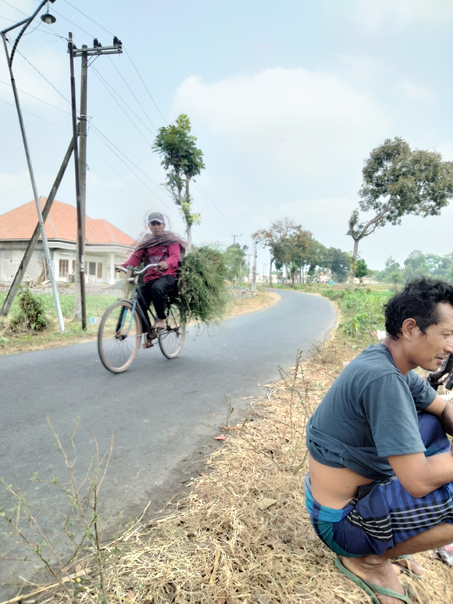 In Boreng, Indonesia, a man is seated on the side of a rural asphalt road, facing right, with his back to the camera. He wears a dark blue t-shirt, partially lifted to expose his midriff, and a blue and green checkered sarong. He is wearing green flip-flops. The road curves into the distance and is bordered by dry grass and sparse vegetation. In the middle ground, another man on a bicycle is riding away from the camera, carrying a large bundle of green vegetation on the rear rack. He wears a maroon long-sleeved shirt, dark pants, and a headscarf. A house with an orange tiled roof is visible behind him. Utility poles and power lines are present along the roadside. The sky is overcast with scattered clouds.
