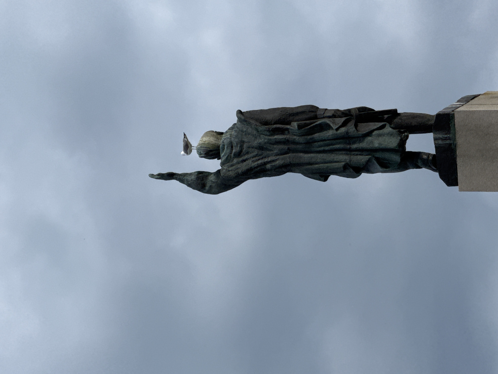 The image shows the back of the Alyosha monument in Burgas, Bulgaria. The monument is a tall, dark-colored sculpture of a man standing on a stone pedestal. A bird sits on the statue's head. The background is a gray, overcast sky. The statue's right arm is outstretched.