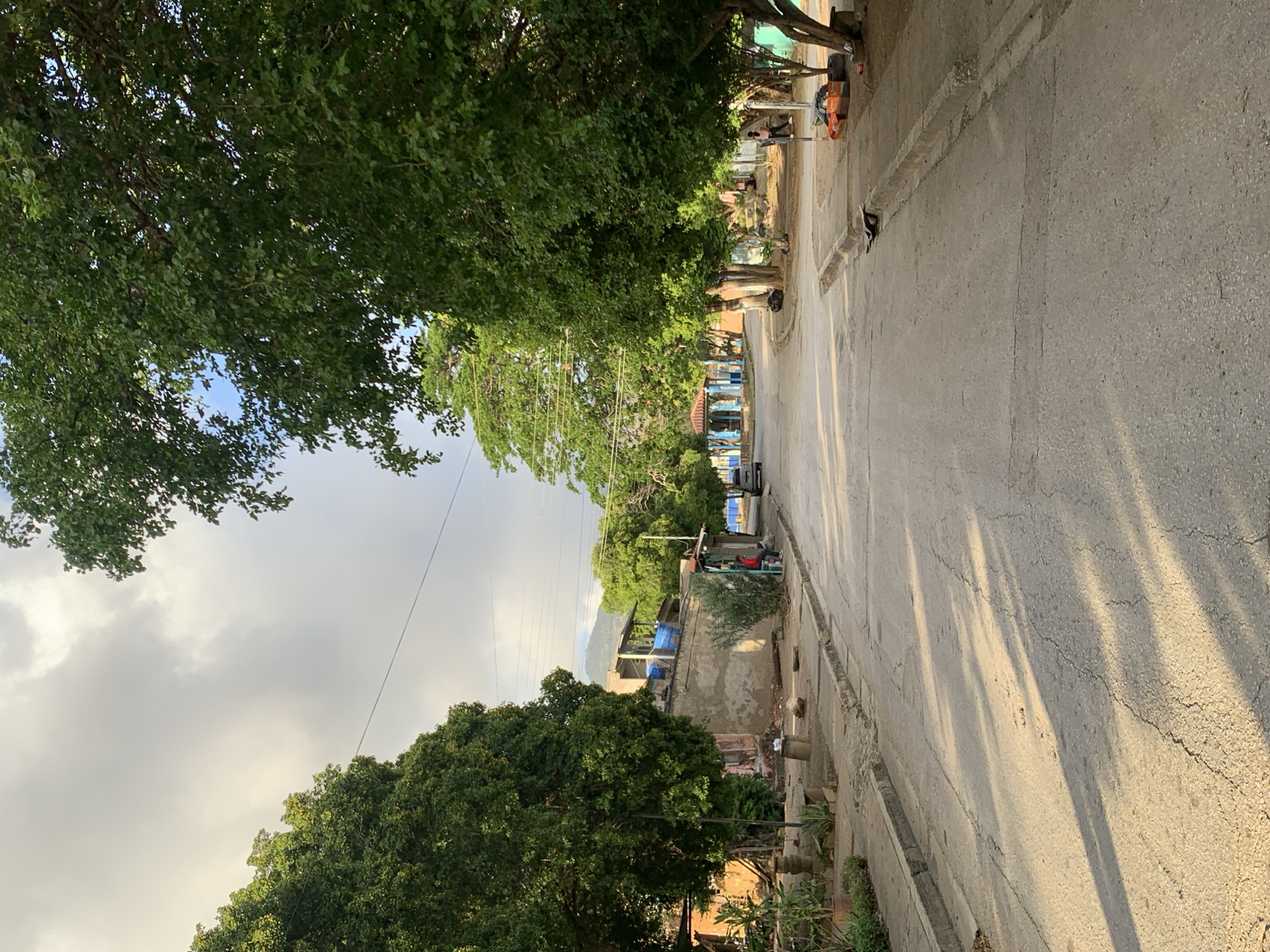 The image depicts a sun-drenched, paved street in Santa Ana, Venezuela, lined with trees and modest residential buildings. The scene is tranquil, with the late afternoon sun casting long shadows across the road, suggesting a peaceful, possibly rural or semi-urban, setting. On the left side of the street, a large, leafy tree dominates the foreground, with a weathered building behind it. The building appears to be made of concrete and plaster, with some signs of disrepair, and a blue tarp is visible on its roof. Several potted plants and decorative elements are placed near the building. Further down the street, a few people are visible, engaged in everyday activities. One person is sitting on a bench under a covered structure, while another is standing further down the road. A car is parked on the right side of the street. The street itself is cracked and worn, indicating it has seen significant use. The background reveals more trees and some low-lying hills or mountains under a cloudy sky. The overall impression is of a simple, lived-in community in a warm climate.