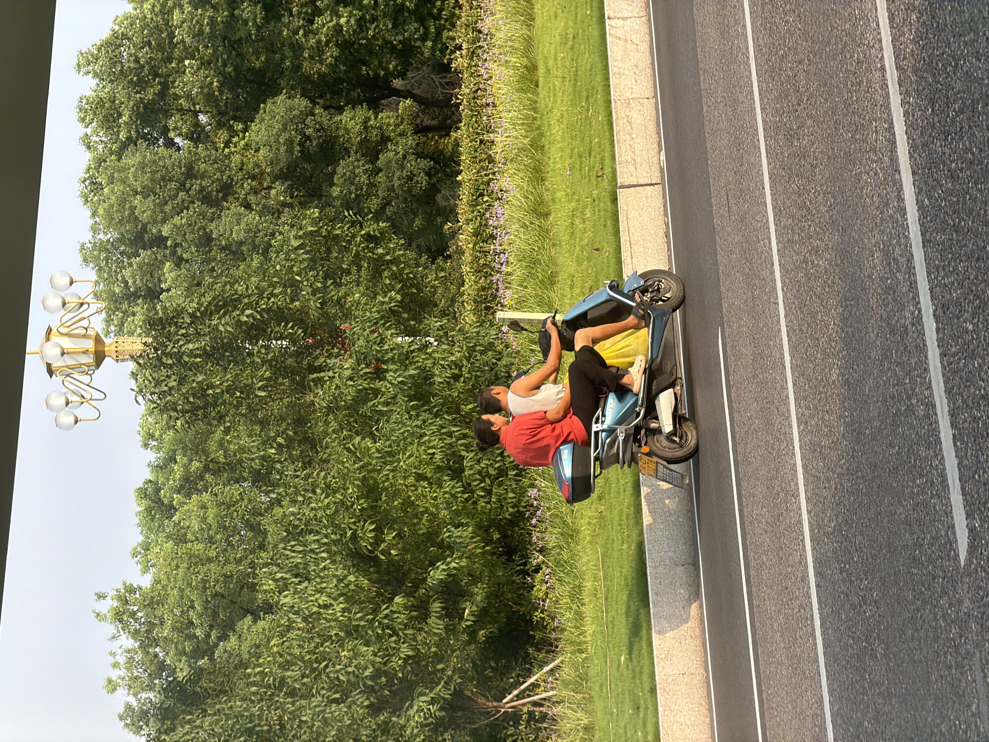 Two individuals are riding on a blue electric scooter on a paved road. The person in front is wearing a white tank top and black pants, while the person behind is wearing a red shirt and black pants. The scooter has a black storage box on the back and a yellow bag is visible at the feet of the person in front. The scooter is traveling on the right side of the road, indicated by the white lane markings.
In the background, there is a well-maintained grassy area with a line of small purple flowers. Beyond the grassy area, a dense line of green trees forms a backdrop. A decorative street lamp with multiple globes is visible in the upper portion of the image, above the trees. The sky is overcast and bright. The scene appears to be in an urban or suburban setting with lush landscaping. This scene is located in Jiangjin District, Chongqing City, China.