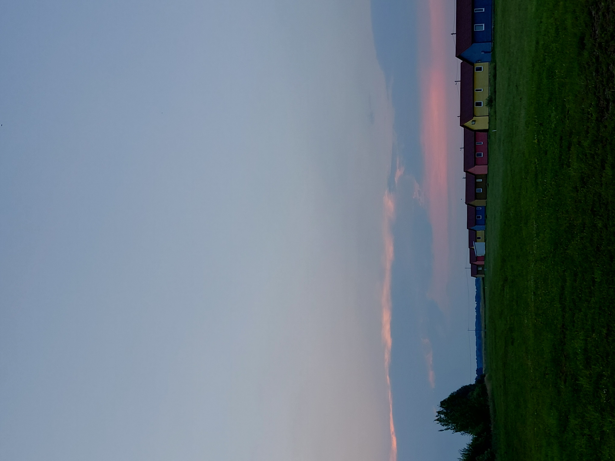 The image depicts a row of small, brightly colored houses situated in a vast, open field of green grass under a twilight sky. The houses, painted in hues of blue, yellow, pink, and red, are uniformly designed with dark roofs and white windows. They are arranged in a line, facing the viewer, with a clear sky stretching out above them. The sky exhibits a soft gradient from pale blue at the top to a subtle pinkish hue near the horizon, indicating the transition from day to night. To the left of the houses, a dense cluster of dark green trees stands, contrasting with the open field. The overall scene is tranquil and serene, suggesting a rural or suburban setting. The specific location is Novo-Biyskoye, Russia. There are no people or animals visible in the image. The environment is characterized by open space, vegetation, and a clear, expansive sky.