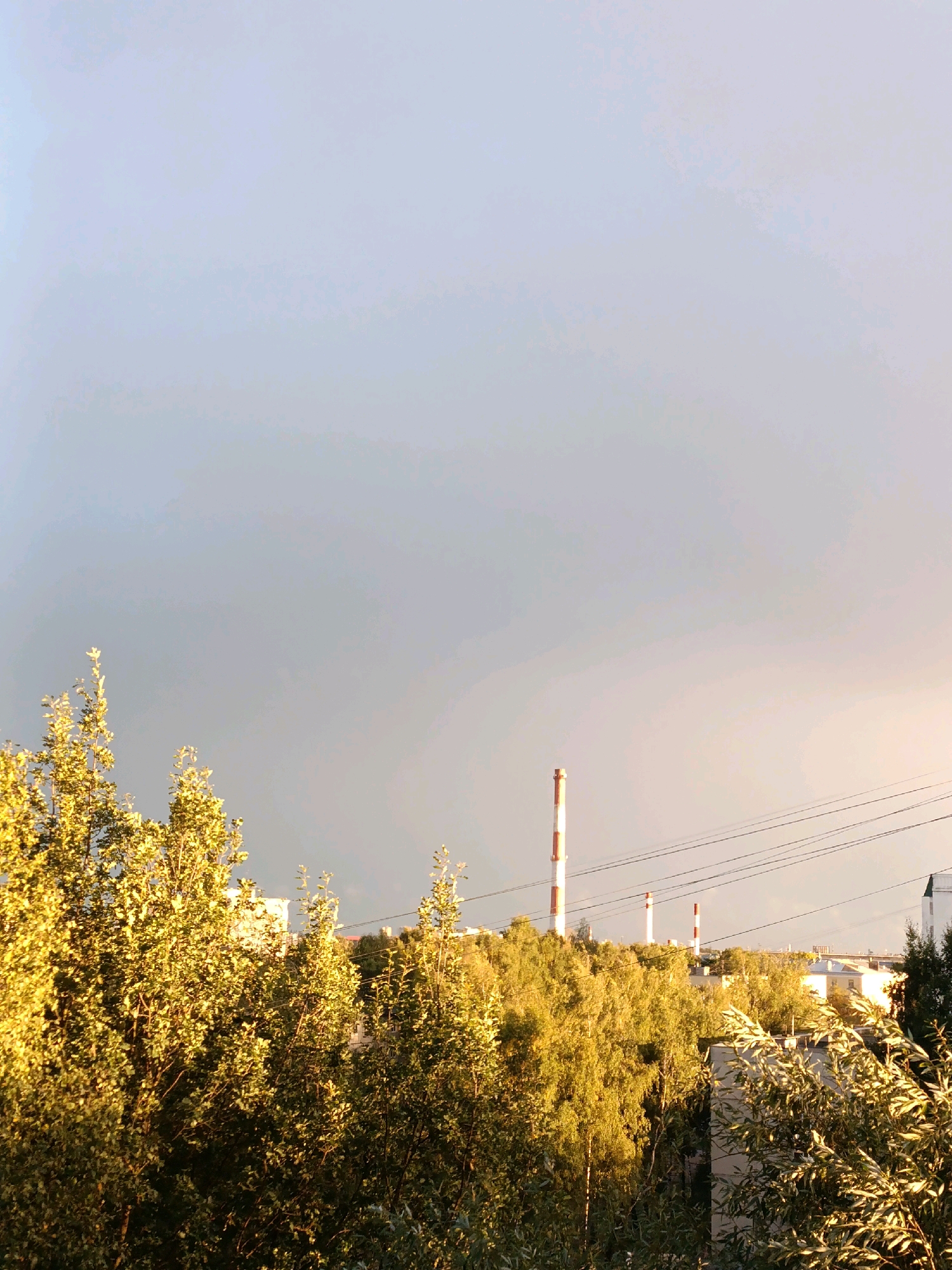 The image captures a suburban or industrial landscape bathed in the warm, golden light of a setting sun. In the foreground, lush green trees with bright yellow foliage dominate the frame, their branches reaching upwards. Beyond the trees, a few low-rise buildings are visible, suggesting a residential or light industrial area. Three prominent industrial smokestacks, painted with alternating red and white bands, stand tall against the pale sky, indicating the presence of a factory or power plant. Overhead, a network of power lines crisscrosses the scene, connecting the structures. The sky is a soft, hazy gradient of blue and pink, with hints of approaching twilight. The overall impression is one of a peaceful, yet potentially industrialized, urban fringe at dusk.