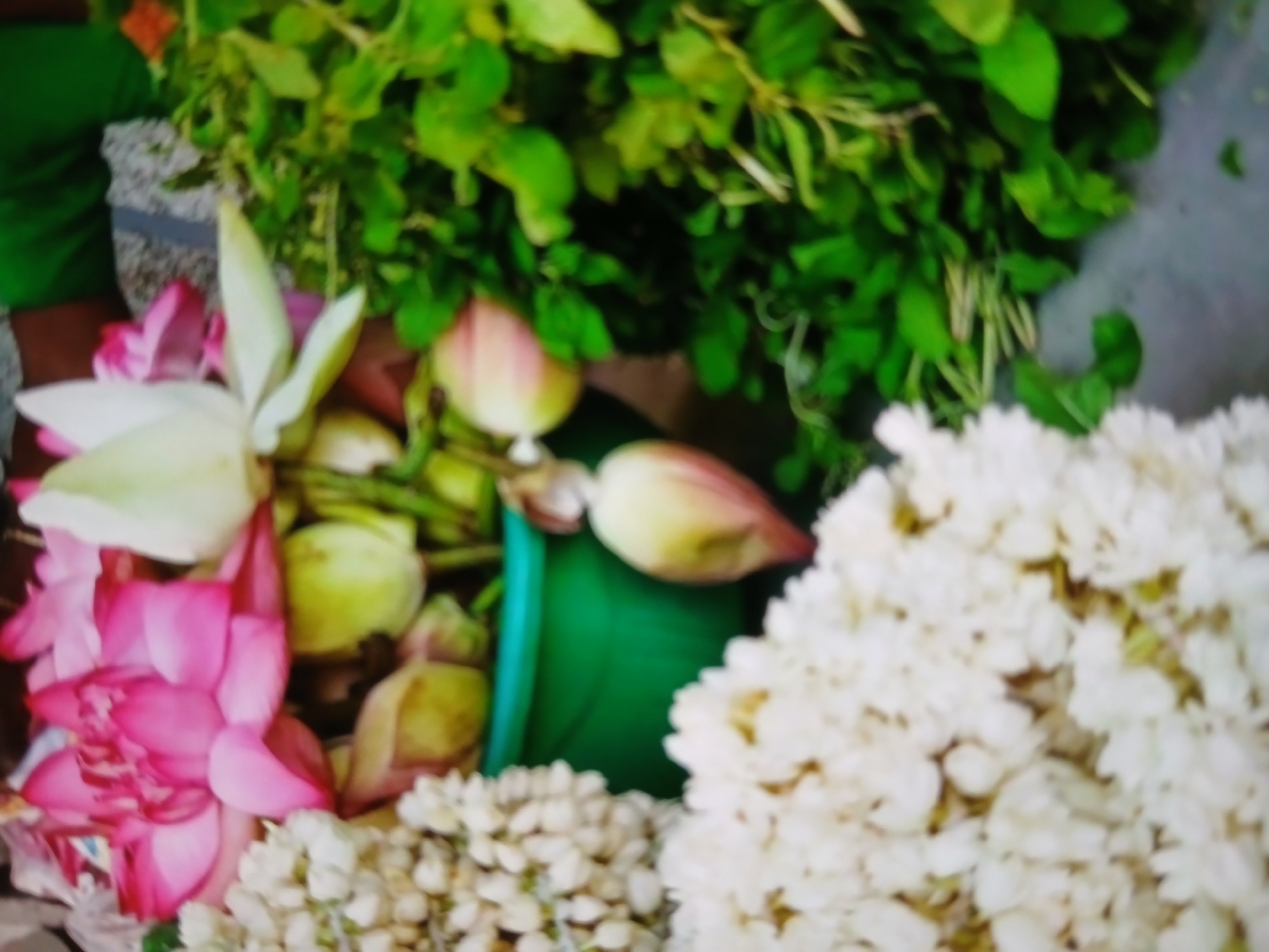 The image shows a variety of flowers and greenery, likely at a flower market in Bengaluru, India. Prominently featured are pink lotus flowers, lotus buds, jasmine garlands, and green leafy stems. The flowers are arranged in a somewhat cluttered manner, typical of market displays. A green container is also partially visible, perhaps holding the lotus buds. Overall, the image captures the vibrant and fragrant atmosphere of an Indian flower market.