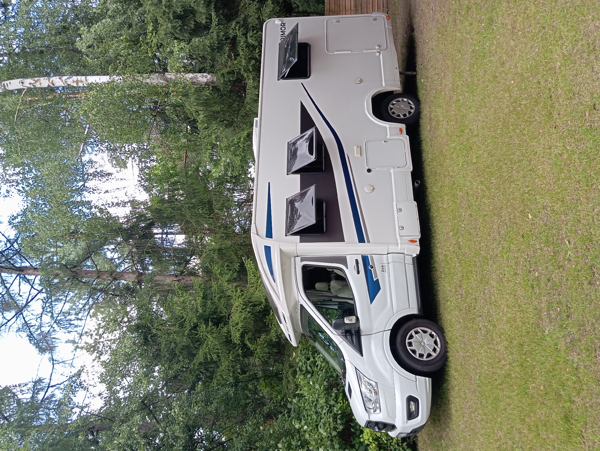 A white recreational vehicle (RV) is parked on a grassy area with a dense forest in the background. The RV has tinted windows with the top part of some of them open, and blue and dark gray accents on its exterior. The front of the RV is a white Ford Transit van. The scene is illuminated by daylight, suggesting it is daytime. The location is identified as Mołowiste, Poland. There are no people visible in the image. The RV appears to be stationary.