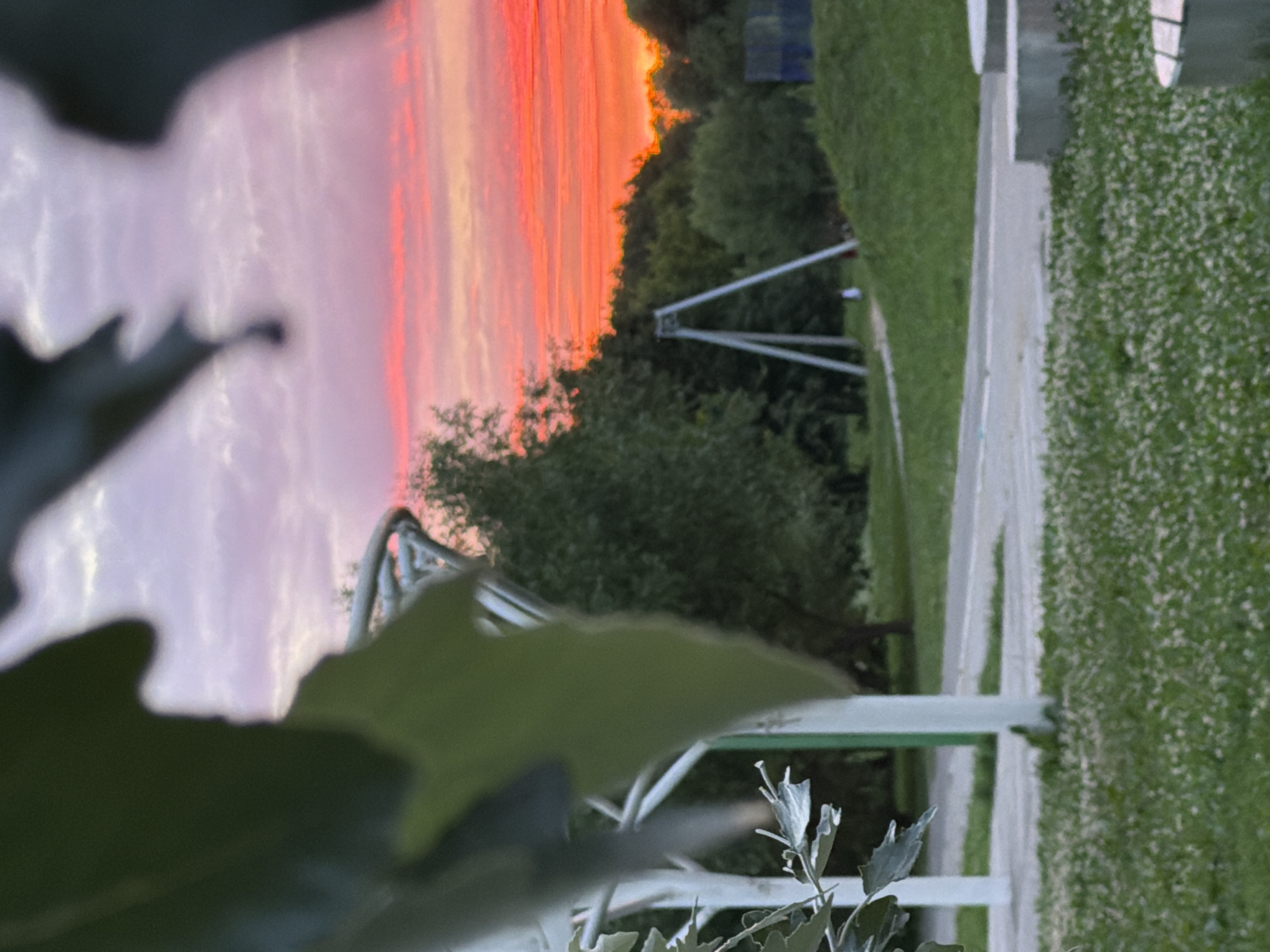 The image depicts an outdoor scene at dusk in Kazan, Russia. The sky is a dramatic display of colors, with vibrant oranges, reds, and purples painted across the clouds, indicating sunset or sunrise. In the foreground, out-of-focus green leaves and part of a white railing suggest the viewer is looking through foliage and some kind of structure, possibly a balcony or a park bench.
Beyond the foreground, the scene opens up to reveal a grassy area on the right, dotted with small white flowers, and a pathway. Further back, trees form a dense line, with a distinctive white A-frame structure, resembling a swing set or part of a playground, visible amongst them. The overall impression is one of a peaceful, natural setting illuminated by the striking sky. The time of day is clearly indicated by the sunset colors. There is no visible text in the image. The mood is serene and visually striking due to the colorful sky.