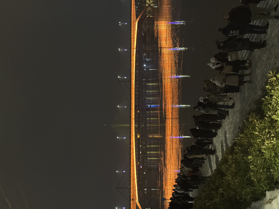 Night scene showing a lit bridge reflected in water. A line of people stands along the edge of the water near some bushes and snow. The lights of the bridge create a vertical strip of orange reflection in the water. The sky is dark and cloudy.