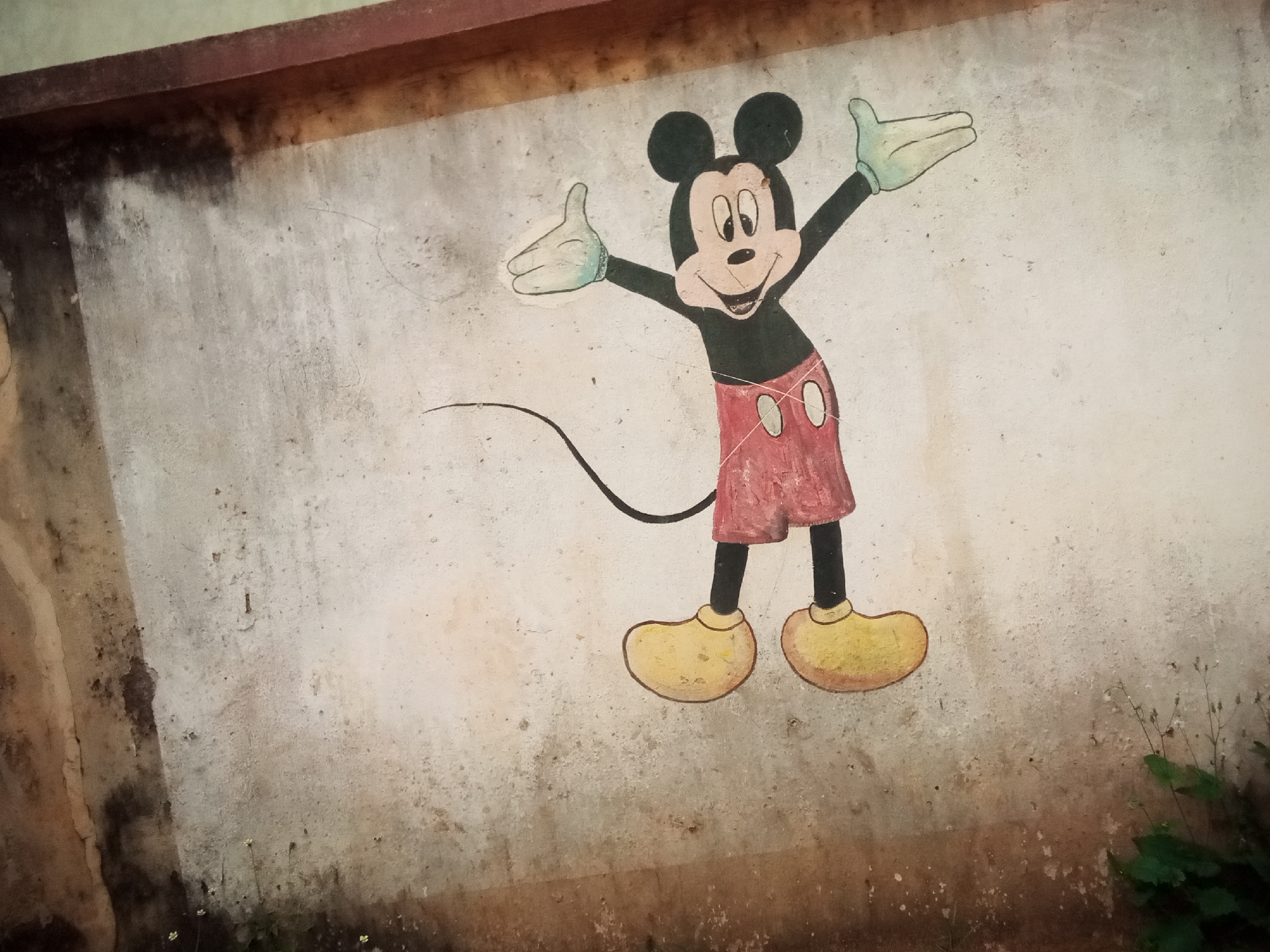 A mural of Mickey Mouse is painted on a textured, weathered concrete wall. The painting depicts Mickey Mouse with his arms outstretched, wearing his characteristic red shorts with white buttons and yellow shoes. The wall itself shows signs of age and environmental exposure, with a brown wooden beam running along the top edge and patches of discoloration and staining. The lower portion of the wall is darker, possibly due to moisture or dirt, and a few small green plants are visible at the very bottom of the frame. The scene is located outdoors in Oko Town, Nigeria.