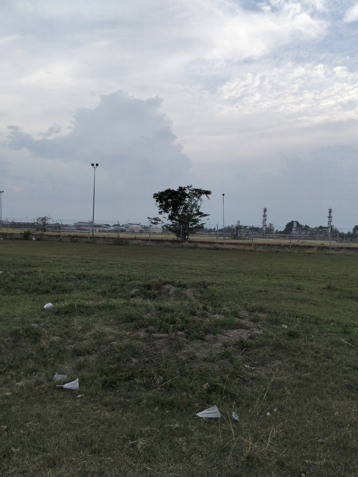 A medium shot captures an overcast sky above a fenced-off industrial area. In the foreground, a grassy field is littered with white plastic debris. A single tree stands in the middle ground, to the left of the frame. Beyond the field and tree, a chain-link fence encloses a complex of industrial structures, including tall smokestacks and various buildings. Several lampposts are visible, one prominently placed in the center of the frame. The industrial complex is situated in an unspecified location, likely on the outskirts of a city.