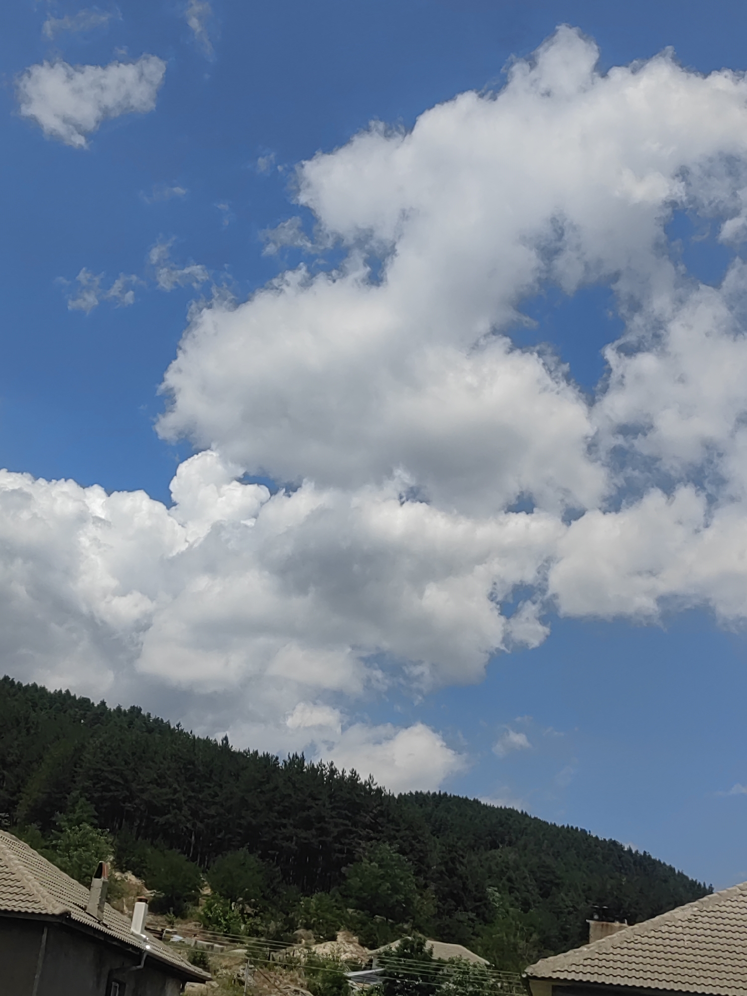 The image depicts a view of a tree-covered hillside and houses in Djerovo, Bulgaria, under a bright blue sky dotted with fluffy white clouds. The hillside is densely packed with dark green evergreen trees, forming a natural backdrop. In the foreground, two roofs of houses are visible, one with a light brown tiled roof and the other with a darker, less distinct roofing material. A chimney protrudes from one of the houses. The sky is a vibrant blue, with large cumulus clouds scattered across it, some appearing bright white and others showing hints of gray, suggesting depth and potential for changing weather. The overall scene conveys a sense of a rural or semi-rural environment in Bulgaria on a clear day.