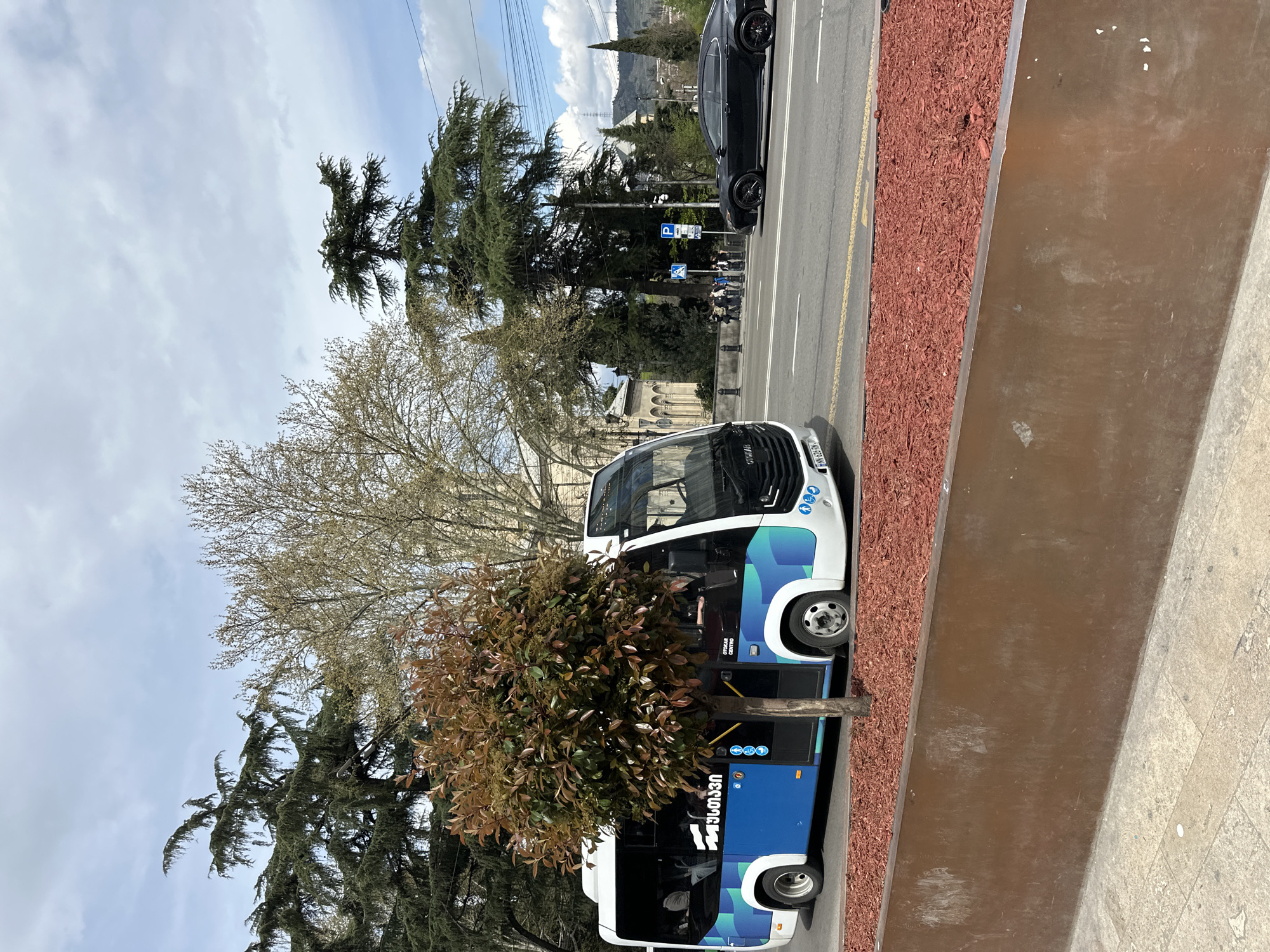 A medium outdoor shot shows a white and blue minibus on the right side of the frame next to a pedestrian walkway in Tbilisi, Georgia. The bus has the word “Tbilisi” written on its side in Georgian script. A round, green tree grows in front of the bus, partially obscuring it.
To the right of the bus and the tree is a pedestrian walkway made of light gray rectangular slabs, and next to the walkway is a raised planter. The interior of the planter is filled with red mulch. To the left of the planter is a street with yellow traffic lane markers. A black car is parked in the street parallel to the minibus. The background of the shot consists of trees and a building with arches in its architecture. In the far background are buildings and hills. The sky is light blue with white clouds.