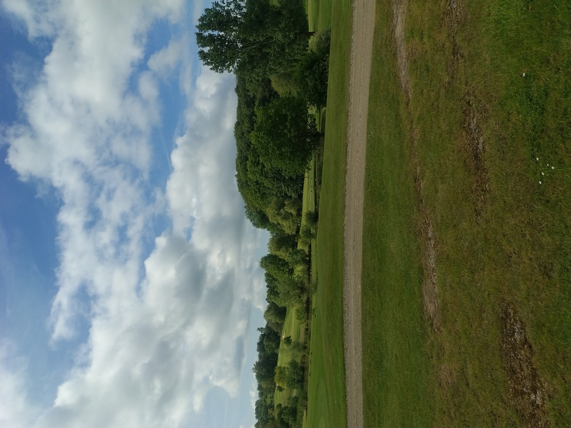 The image depicts a landscape in Lenningen, Luxembourg. A partially cloudy, blue sky dominates the left side of the frame. The right side is primarily green grass, separated by a narrow, gravel path. A line of trees runs roughly parallel to the path, further separating the sky and grass. No people are visible.