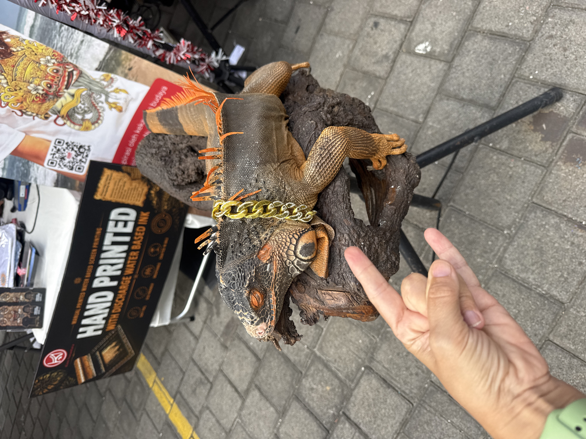An iguana with orange spines and a gold chain around its neck rests on a wooden branch in front of a table displaying merchandise, with a person's hand making a rock-on gesture in the foreground. The scene appears to be an outdoor market or stall, possibly in Kuta Selatan, Indonesia, given the context clues of the merchandise. The ground is paved with gray bricks. The merchandise includes posters, a t-shirt with a traditional Indonesian motif, and other printed materials. The iguana is the central focus, with its orange and gray scales clearly visible.