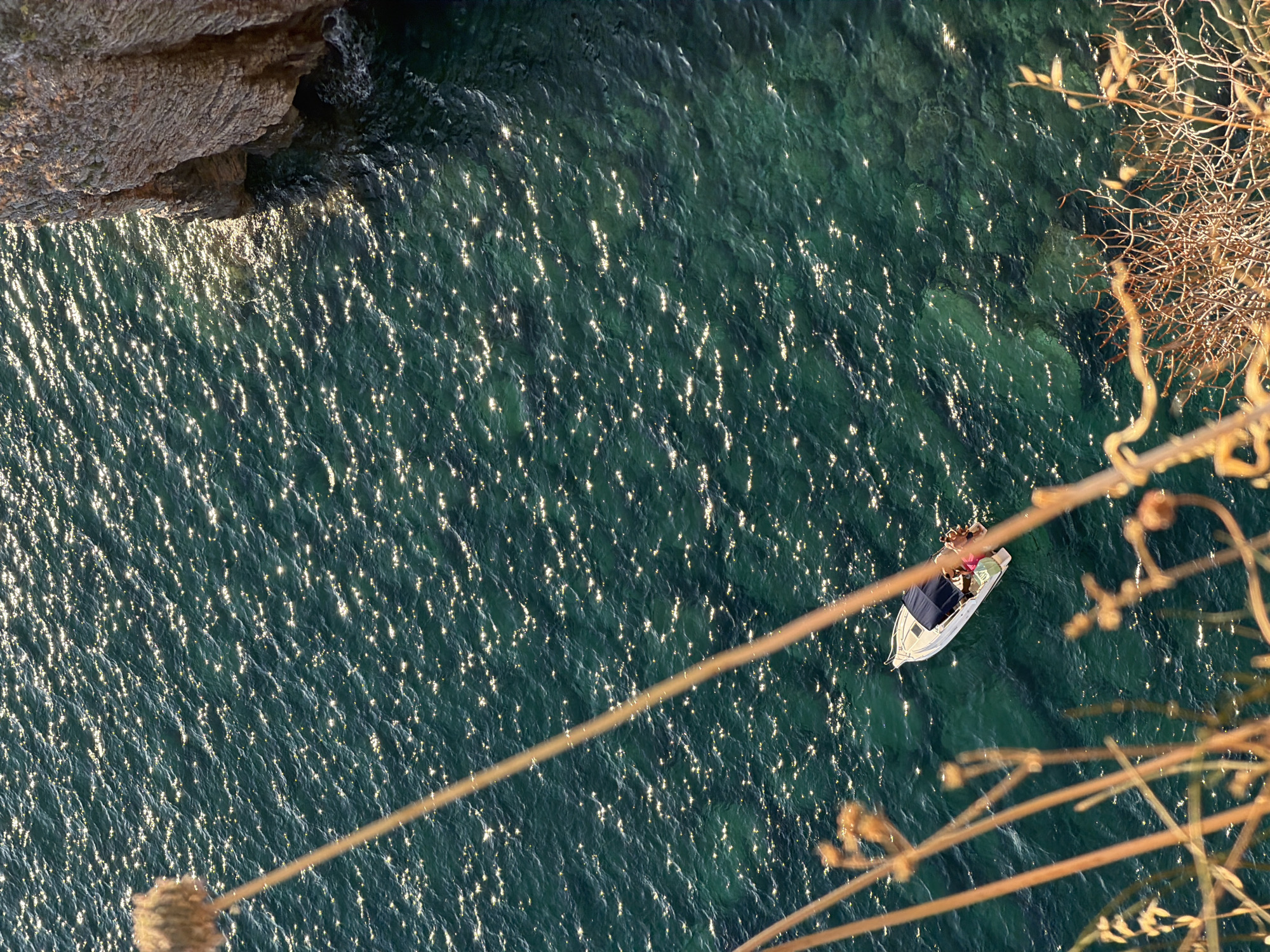 An aerial perspective shot captures a picturesque scene of a small white boat with a dark canopy floating on the clear, turquoise waters of the Adriatic Sea, near the cliffs of Budva, Montenegro. The sunlight glints off the water's surface, creating a shimmering effect. The boat, with at least two individuals onboard, is positioned in the lower left quadrant of the frame. In the foreground, dried plant stems and branches add a natural, rustic element to the composition. The rugged cliffs of Budva are visible on the right edge of the image, with waves gently lapping at their base. The water's transparency allows glimpses of the rocky seabed below.