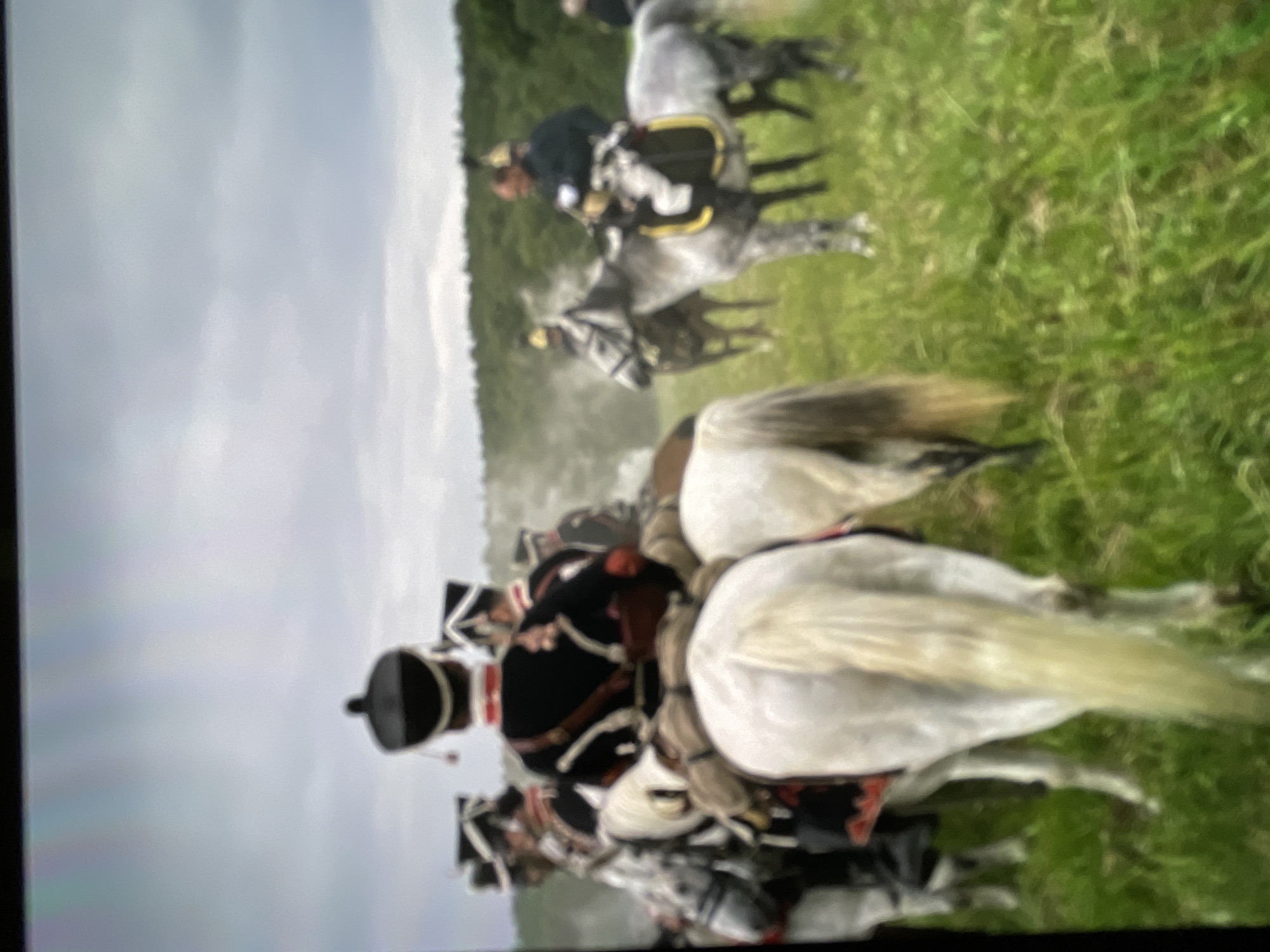 The image depicts a historical reenactment of a cavalry charge, likely from the Napoleonic era, set in a grassy field with a treeline in the background under an overcast sky. Several individuals dressed in period military uniforms, complete with tall hats and ornate jackets, are mounted on horses. Some horses are white, while others appear to be grey or darker. The riders are positioned in formation, suggesting a reenactment of a battle. In the foreground, the backs of two white horses and riders are visible, while in the midground and background, other riders and horses are shown in motion, with some dust or smoke trailing behind them, hinting at the intensity of the simulated action.
The image does not provide any information that would allow for the identification of the specific location within the city of Moscow, Russia, or any other location. Therefore, a description of Moscow is not possible.