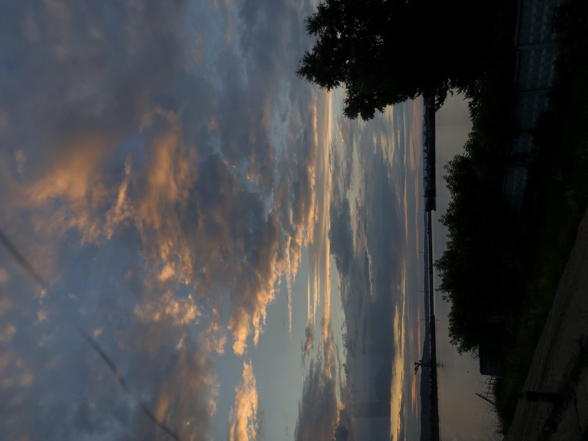 This is a vertical, medium-shot, outdoor photograph taken at dusk in Chaikovsky, Russia, likely near the Kama River reservoir. The sky dominates the upper two-thirds of the frame, filled with a dramatic array of clouds. The clouds are a mix of dark grays and blues, with streaks of warm, peachy-orange light from the setting sun illuminating the edges of some of them. The light creates a sense of depth and texture in the sky.
The lower third of the image depicts a body of water, appearing calm and reflecting the muted colors of the sky. Along the far bank of the water, a silhouetted industrial crane is visible on the left. Further in the distance, a line of indistinct objects, possibly ships or structures, are silhouetted against the horizon.
In the foreground, on the right side of the image, the dark silhouette of a large tree partially obscures the view. On the left side of the foreground, a sloped embankment covered in dark foliage leads down towards the water. A section of a concrete wall with a repeating pattern is visible along the bottom edge of the image. A thin, dark, diagonal line, possibly a wire or a smudge on the lens, cuts across the upper portion of the sky. No people or animals are visible in the scene. The overall mood is serene and somewhat somber, due to the low light and the dark silhouettes.