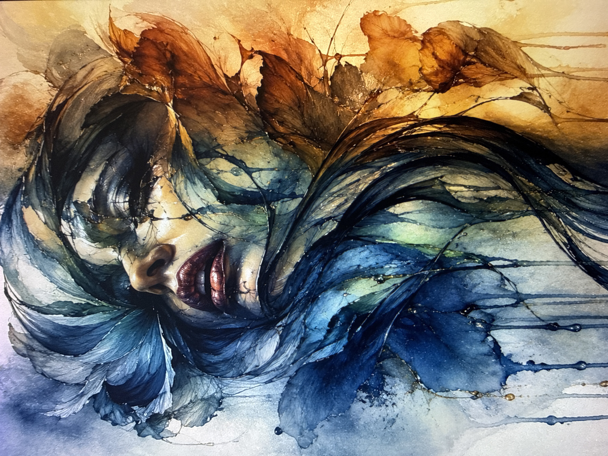 A watercolor painting depicts a woman's face intertwined with abstract floral elements. The upper part of the composition is colored in shades of brown and gold, suggestive of autumn leaves. These colors fade into cooler blues and greens in the lower portion. The woman's face is detailed with visible lips and a nose. Stringy lines resembling liquid runs or thin roots, decorated with small drops, contribute to an overall ethereal and flowing aesthetic. The painting gives the impression of movement and transformation. The painting does not depict Sofia, Bulgaria.