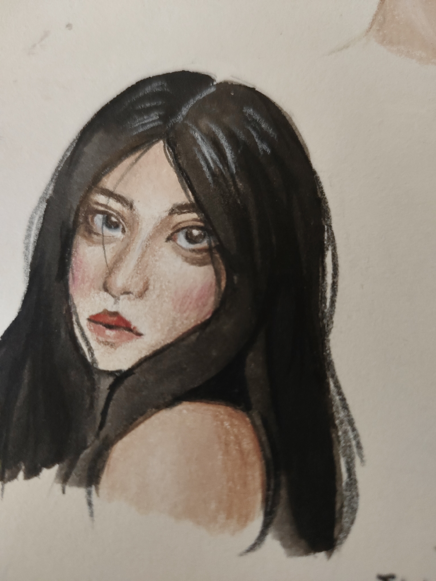 The image displays a watercolor portrait featuring the head and bare shoulders of a female subject. She possesses long, dark, straight hair, parted down the middle, which frames her face and flows over her shoulders. Her skin tone is light to medium, accentuated by visible pink blush on her cheeks. The subject's eyes are large with dark pupils and lighter irises, directed slightly upwards and to the viewer's left, with distinct dark shadowing beneath them. Her eyebrows are thin and dark. She has a slender nose and full, reddish-orange lips that are slightly parted. Her head is subtly tilted, giving the impression of her looking over her left shoulder. The background is a plain, light cream-colored surface, showing minor smudges in the upper left quadrant. The medium appears to be watercolor, possibly with some charcoal or pastel detailing visible along the edges of the hair. No visual information within the image identifies a specific location, including the city of Davao City, Philippines.