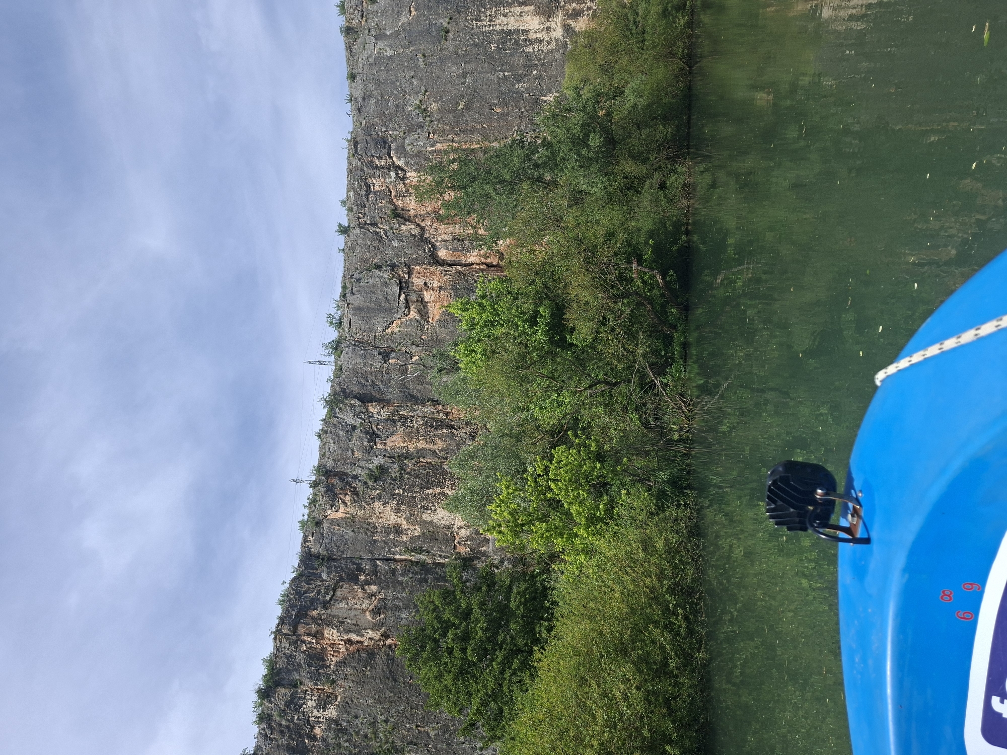 The image shows a view from a boat on the Iskar River in the Panega Geopark, near Lukovit, Bulgaria. A sheer rock cliff rises on the left side of the frame, topped with sparse vegetation and featuring power lines running along its edge. Trees and bushes grow at the base of the cliff, meeting the riverbank. The water is greenish, reflecting the surrounding foliage. A section of a blue boat with a mounted light is visible in the lower right corner of the frame. The sky is overcast with a mixture of light and dark clouds.