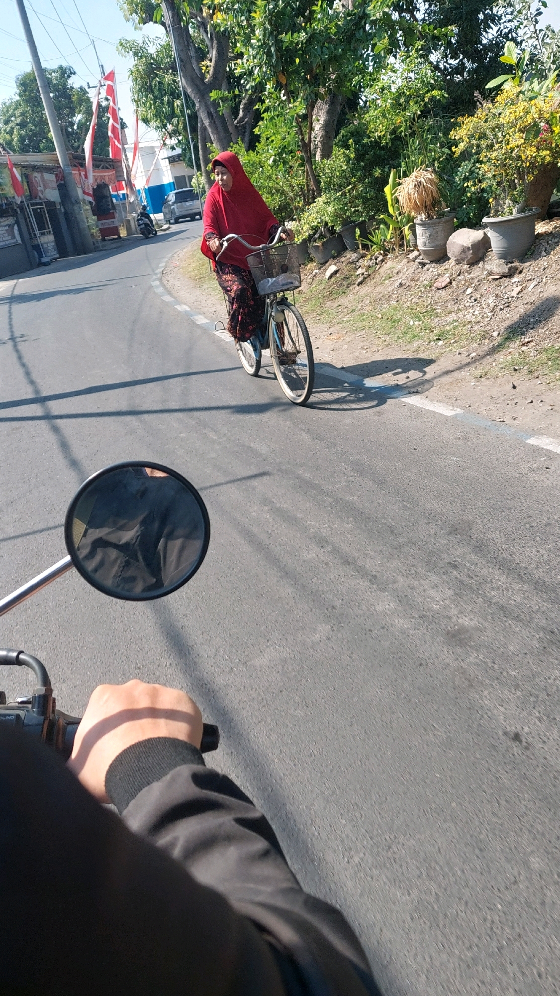 In Sidoarjo, Indonesia, a woman wearing a red hijab and a patterned dress rides a bicycle down a paved road. She has a basket on the front of her bicycle filled with items. The road is lined with trees and vegetation, and there are several potted plants on the side of the road. A motorcycle's rearview mirror is visible in the foreground, reflecting the rider's arm and shoulder. The sky is clear and blue.