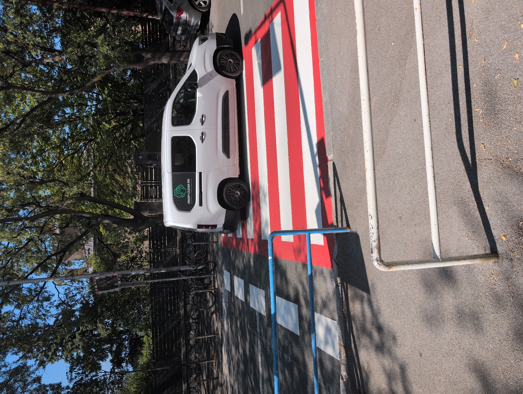 A white van with the logo "PROFI CLEAN RS" is parked on a pedestrian crossing in Grad Rijeka, Croatia. The pedestrian crossing is marked with red and white stripes. A blue metal barrier is visible in the foreground, and a white metal fence is also present. Trees and buildings are in the background. The scene appears to be a sunny day.