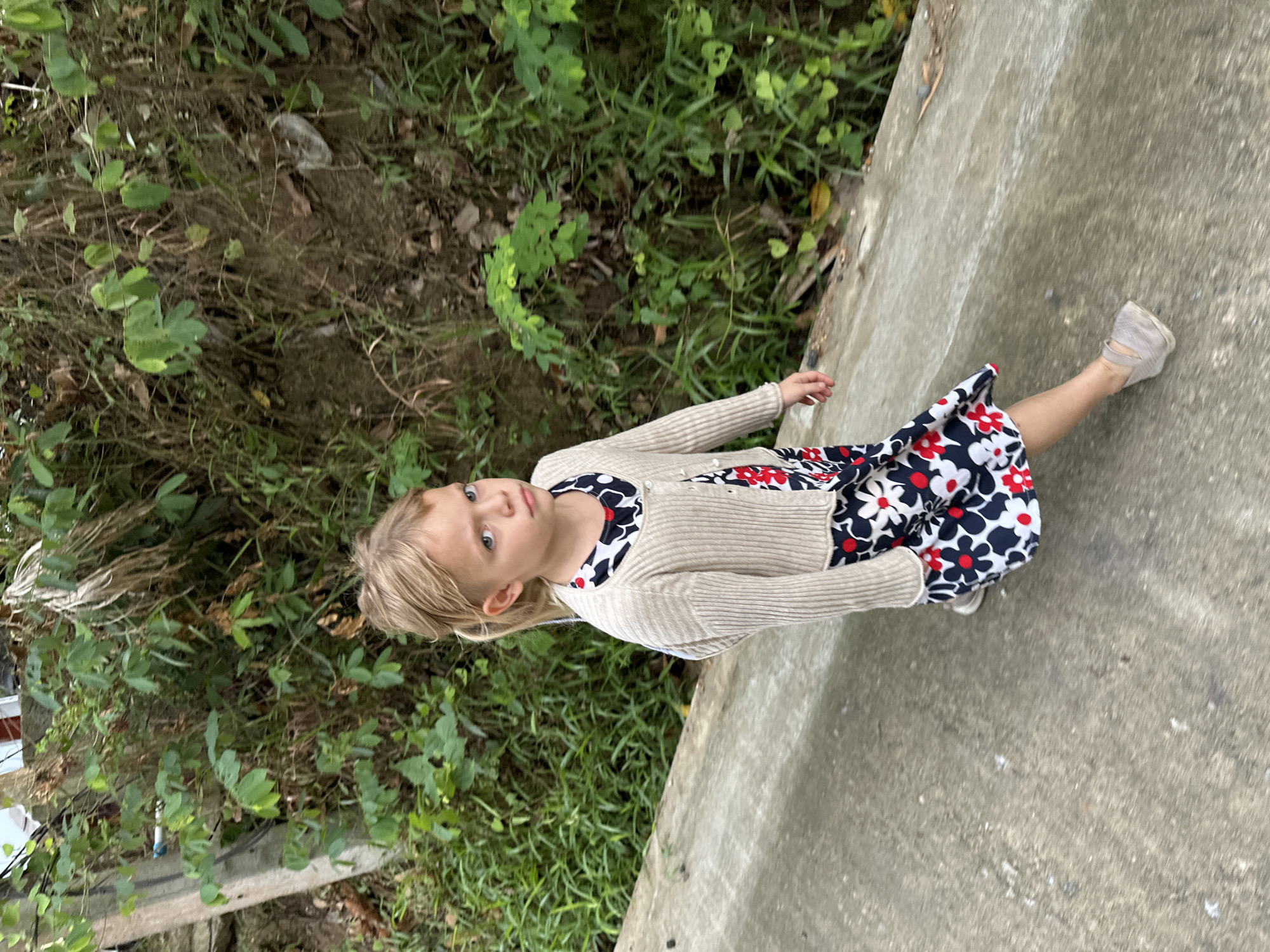 A young blonde-haired child, likely a girl, is depicted standing outdoors in ตำบลเกาะพะงัน, Thailand. She has light skin and blue-grey eyes, looking upwards and slightly to her left with a neutral, contemplative expression. She is wearing a dark blue dress adorned with white and red floral patterns, layered with a light-colored (beige or tan) knit cardigan. Her feet, one partially visible, are in light-colored flat shoes or sandals.
The setting consists of two main elements: a dense area of green foliage and undergrowth to her left, and a broad, textured concrete surface to her right, upon which she stands. The image is oriented sideways, making the child appear to be positioned on a vertical plane next to a leafy embankment. The vegetation features various shades of green leaves, vines, and some drier brown earth, suggesting a natural, possibly overgrown, environment. The concrete surface is a muted grey, showing some variations in texture and possibly some slight staining or wear. The lighting suggests it is daytime, with soft, ambient light rather than harsh direct sunlight. No discernible text is visible in the image.