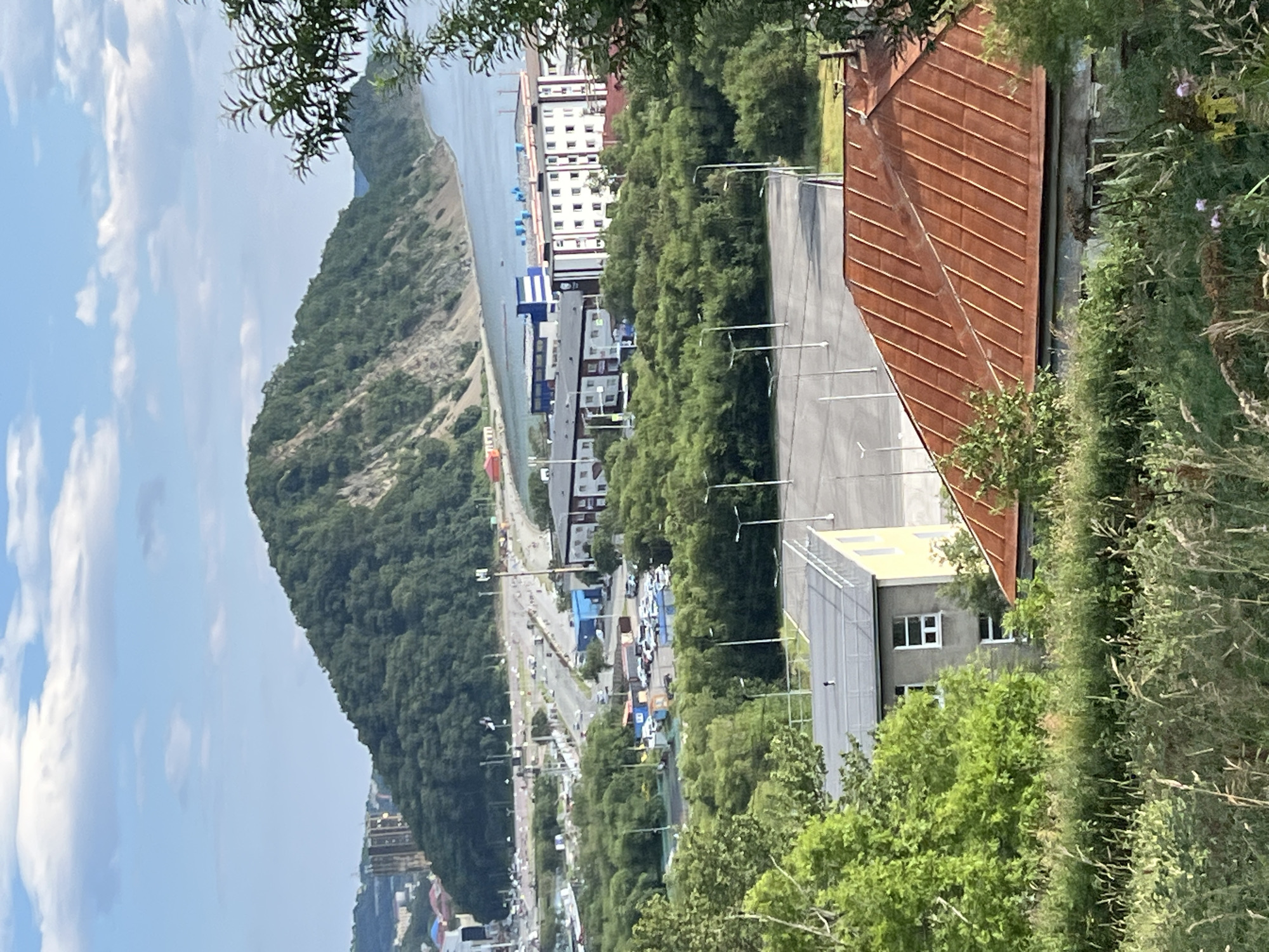 The image shows a view from a hill overlooking a coastal city with a large, tree-covered mountain in the background. The foreground features lush vegetation and two buildings. The building on the right has a weathered, reddish-brown corrugated metal roof and an overgrown appearance. The building on the left is lighter in color, with a gray flat roof and a yellow side.
In the midground, there are more trees and several low-rise buildings, some appearing to be apartment blocks with white facades and dark roofs. A road with traffic is visible, as are several parked cars and shipping containers. The city extends towards the water, with a large, blue body of water on the right side of the frame, meeting a shoreline. A modern-looking building with blue and white elements is situated along the waterfront.
The background is dominated by a steep, green, tree-covered mountain with a visible scar of lighter earth or rock on its slope. The sky above is blue with scattered white clouds. The overall impression is a moderately developed urban area situated near a natural landscape of mountains and the sea. This scene is consistent with views in Petropavlovsk-Kamchatsky, Russia, known for its volcanic topography and coastal setting. No people are clearly discernible in the image.