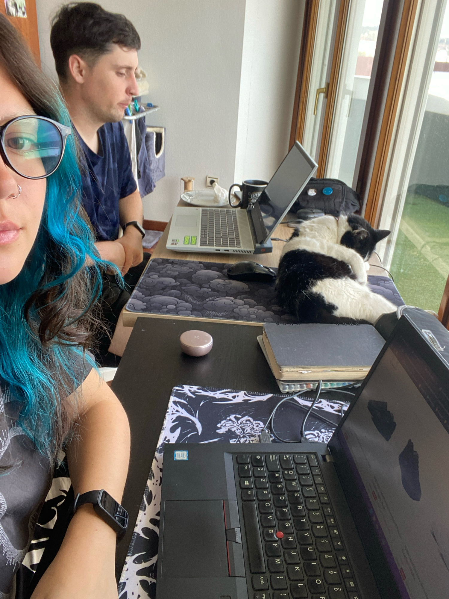 A medium shot shows two people and a cat working at desks in front of a window with a view of a green space. The person in the foreground, on the left, is a woman with brightly dyed blue hair. She is wearing glasses and a nose ring. She is looking to the left of the frame. The person in the background, on the right, is a man wearing a dark blue t-shirt. He is looking down at his desk. Between them, a black and white cat is curled up asleep on a desk. Several laptops and other work-related items are visible on the desks. The room appears to be a home office. The image appears to have been taken in Gijón/xixón, Spain.