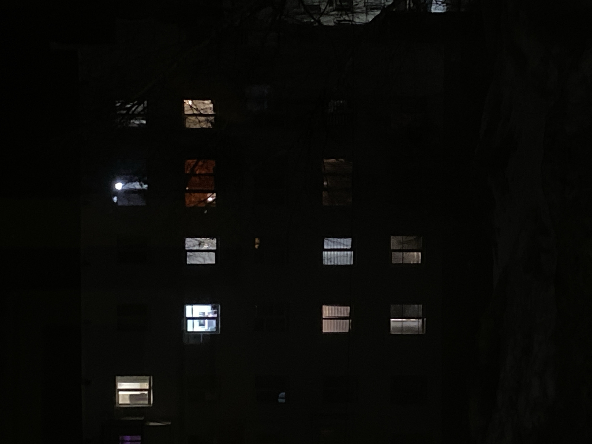 The image depicts a multi-story residential building at night in Chaikovsky, Russia. The scene is dominated by darkness, with various windows illuminated from within. The building facade is dark, likely concrete or brick. Approximately twenty-one distinct window openings are visible across at least five floors.
Specific lighting details include:
* Top row, far left: A window emits a faint purple light.
* Top row, second from left: A window displays a warm, yellowish-white light.
* Top row, third from left: A window shows a bright white light, possibly from an overhead fixture.
* Second row from top, far left: A window with bright white light.
* Second row from top, middle-left: A window with warm, yellowish light.
* Second row from top, middle-right: A window with a distinct orange-reddish light.
* Third row from top, second from left: A window with white light, revealing closed vertical blinds.
* Third row from top, third from left: Another window with white light and closed vertical blinds.
* Fourth row from top, second from left: A window with warm light, showing vertical elements.
* Fourth row from top, third from left: A window with warm light, displaying a curtain.
* Bottom row, second from left: A window with warm light, showing vertical elements.
* Bottom row, third from left: Another window with warm light, showing vertical elements.
Numerous other windows remain unlit, appearing as dark rectangles against the building's facade. Bare tree branches are visible along the right side of the building, partially obscuring several windows. The ground in the foreground is dark and uneven, consistent with snow cover under ambient night conditions. No individuals are discernibly present within the windows or on the exterior.